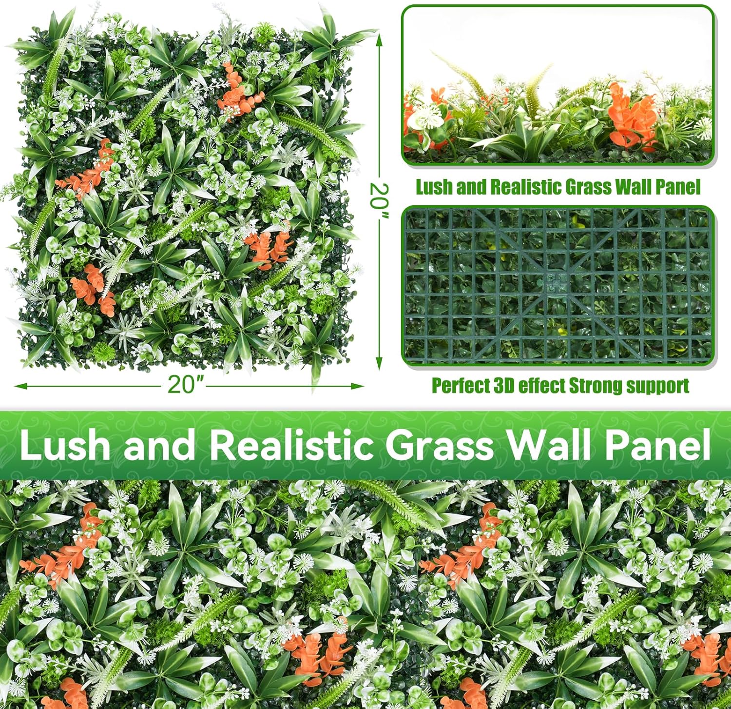 Greenery Wall Panels, 20"x20" 8PCS UV Protected Fake Grass Backdrop Privacy Fence Screen, Artificial Hedges for Outdoors Indoors Green Decor