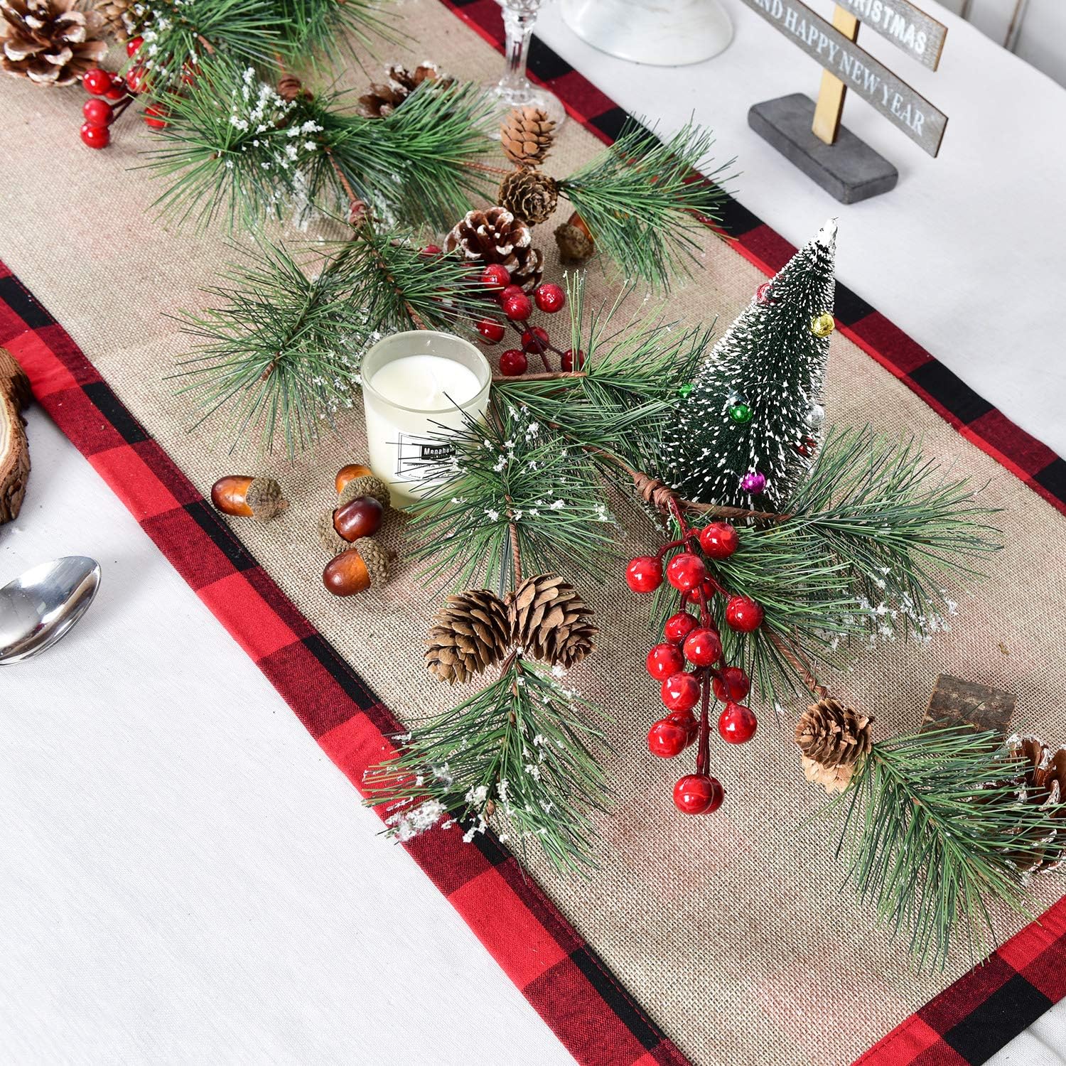 6 feet Christmas Pine Garland with Needles Berries Frosted Pinecones Winter Artificial Greenery Garland for Holiday Season Mantel Fireplace Table Runner Centerpiece Decoration