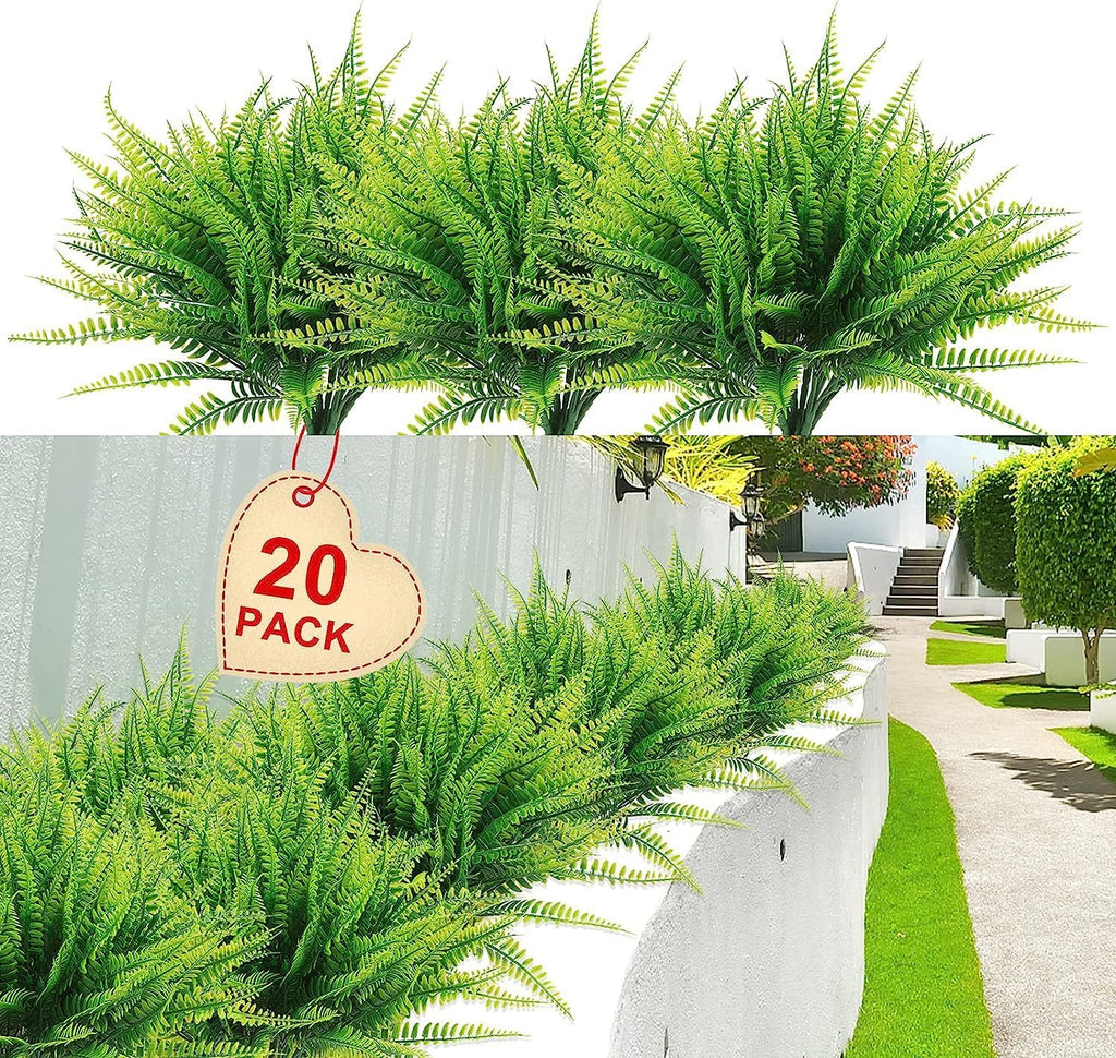 20 Bundles Artificial Boston Fern Plants – Lifelike UV Resistant Fake Plants for Outdoor & Indoor, Faux Greenery Stems for Garden, Porch, Patio, Yard, Home, Office Decor