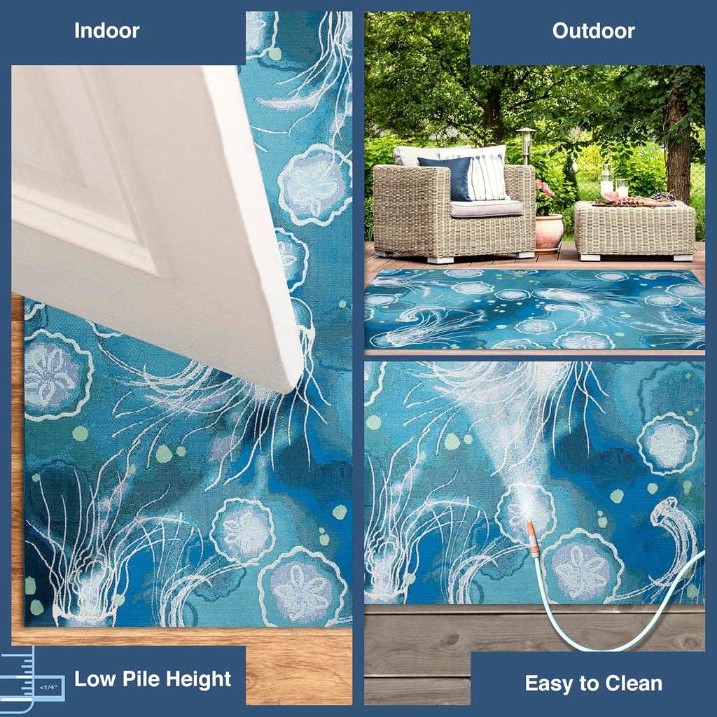 Liora Manne Marina Indoor/Outdoor Power Loomed Synthetic Blend Low Profile Area Rug - Contemporary Graphic Coastal Beach Colorful (Jelly Fish Bloom) (8'10" x 11'9")
