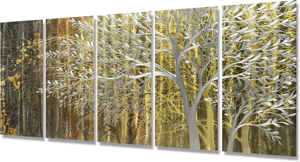BATRENDY ARTS Large Metallic Tree Wall Art Handcrafted Silver Hanging Designs Multi-panel Indoor and Outdoor Decorative Painting 32Wx64L