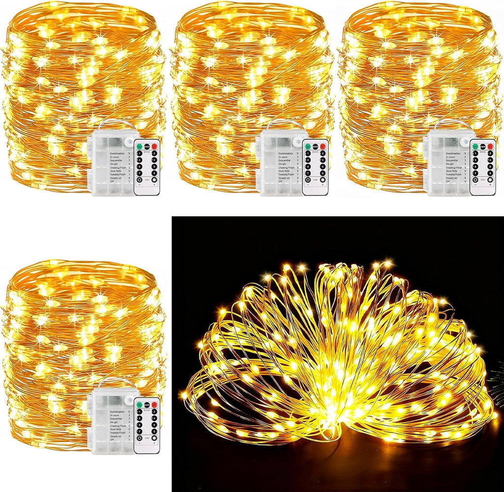 33Ft String Lights Battery Operated with Remote Control Timer, 100LED 4 Pack Waterproof 8 Modes Copper Wire Twinkle Fairy Lights for Bedroom Indoor Outdoor Wedding Dorm Christmas Decorations
