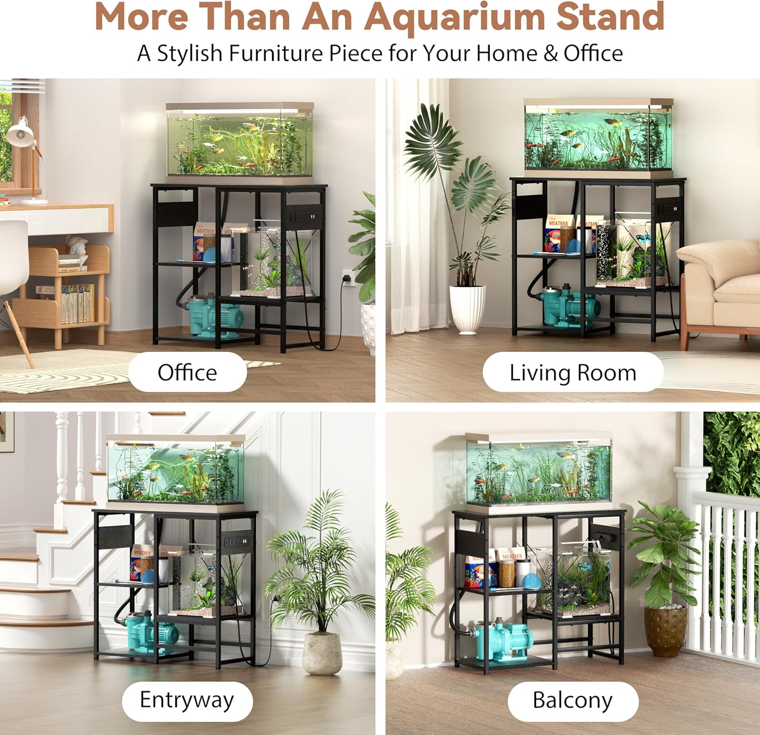 GRLEAF 20-30 Gallon Fish Tank Stand with Power Outlets, 4 Tier Metal Aquarium Stand with Wood Storage Shelves, 30.7" L x 13.8" W x 30.3" H Turtle Reptile Fish Tank Table Aquarium Table - Black