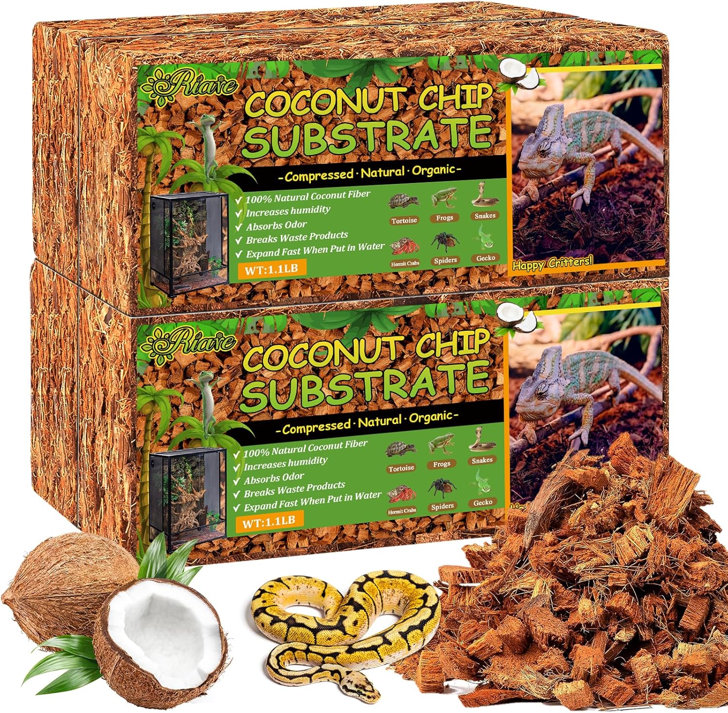 Riare 4 Pack Natural Coconut Chip Substrate for Reptiles- Compressed Coconut Husk Reptiles Bedding, Coco Husk Chip Terrarium Substrate for Snakes, Tortoises, Ball Python, Frogs, Bearded Dragon, Lizard