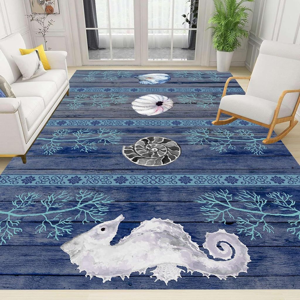 Nautical Living Room Rug, 4x6ft, Ocean Theme Conch Shell Seahorse Indoor Rugs, Beach Waterweed Kitchen Decor Mats, Durable Shed Resistant Cozy Easy Clean Carpet for Bedroom Family