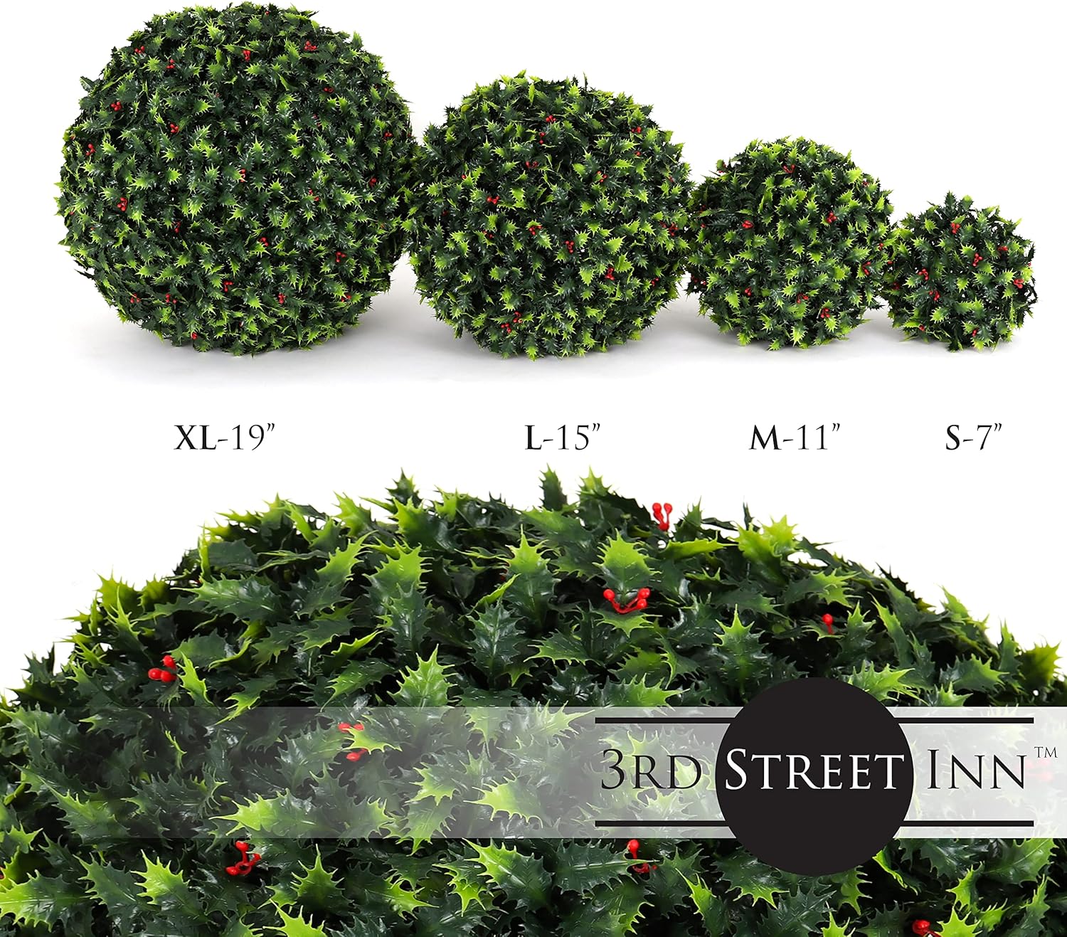 3rd Street Inn Holly Topiary Ball Assortment - 15", 11", 7" Artificial Topiary Plants - Wedding Decor - Indoor/Outdoor Artificial Plant Balls - Topiary Tree Substitute