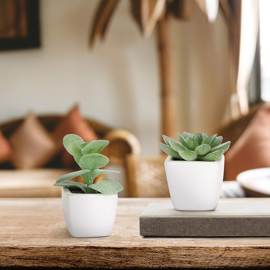 MyGift Set of 4 Mini Assorted Green Decorative Artificial Succulent Plants in Square White Glazed Ceramic Planter Pots