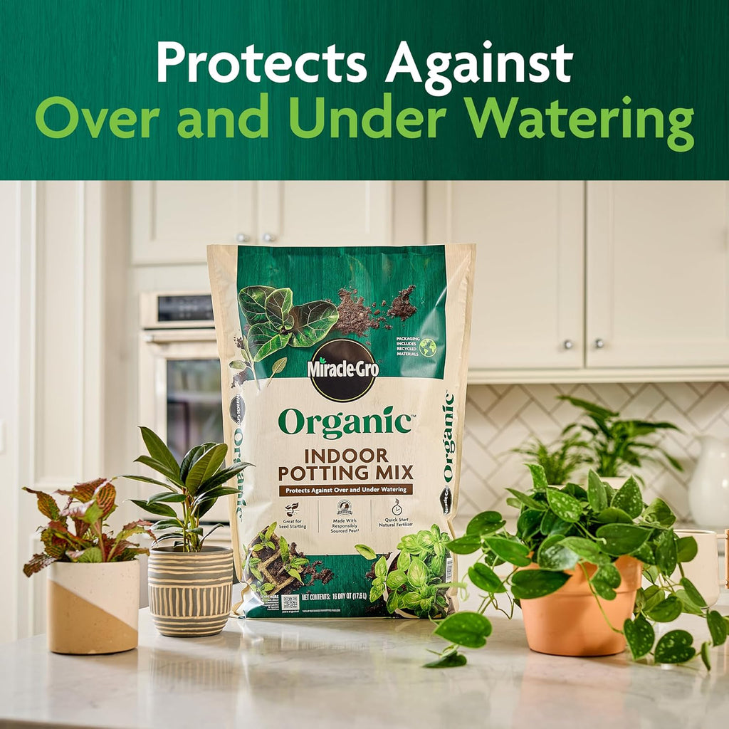 Miracle-GRO Organic Indoor Potting Mix, Protects Against Over and Under Watering, for Indoor Container Plants, Houseplants and Starter Plants, OMRI Listed, 8 qt., 3-Pack