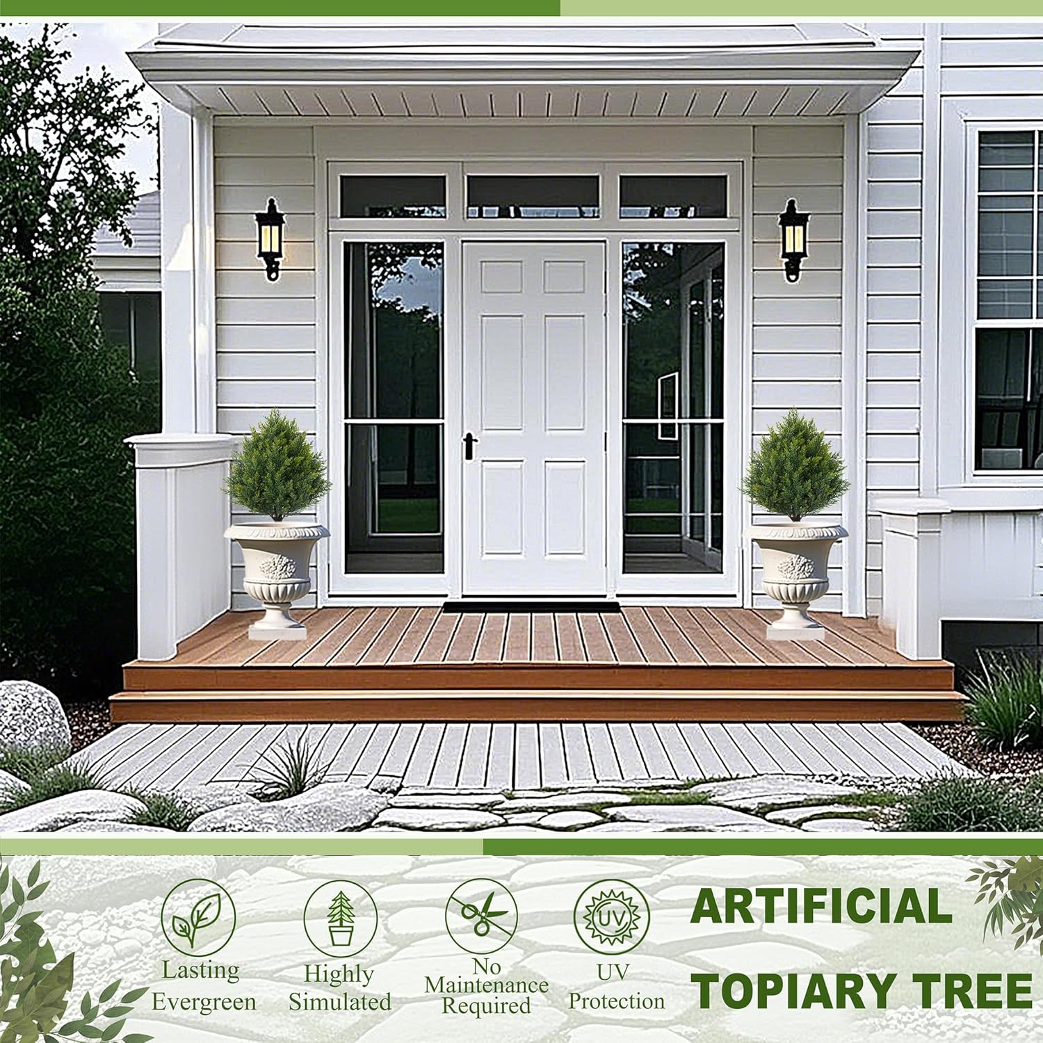 24.8" Artificial Cedar Topiary Ball Trees with Ground Spike, Set of 2 Faux Cypress Plants UV Resistant Artificial Pine Shrubs Fake Bushes for Outdoor Indoor Front Porch Garden