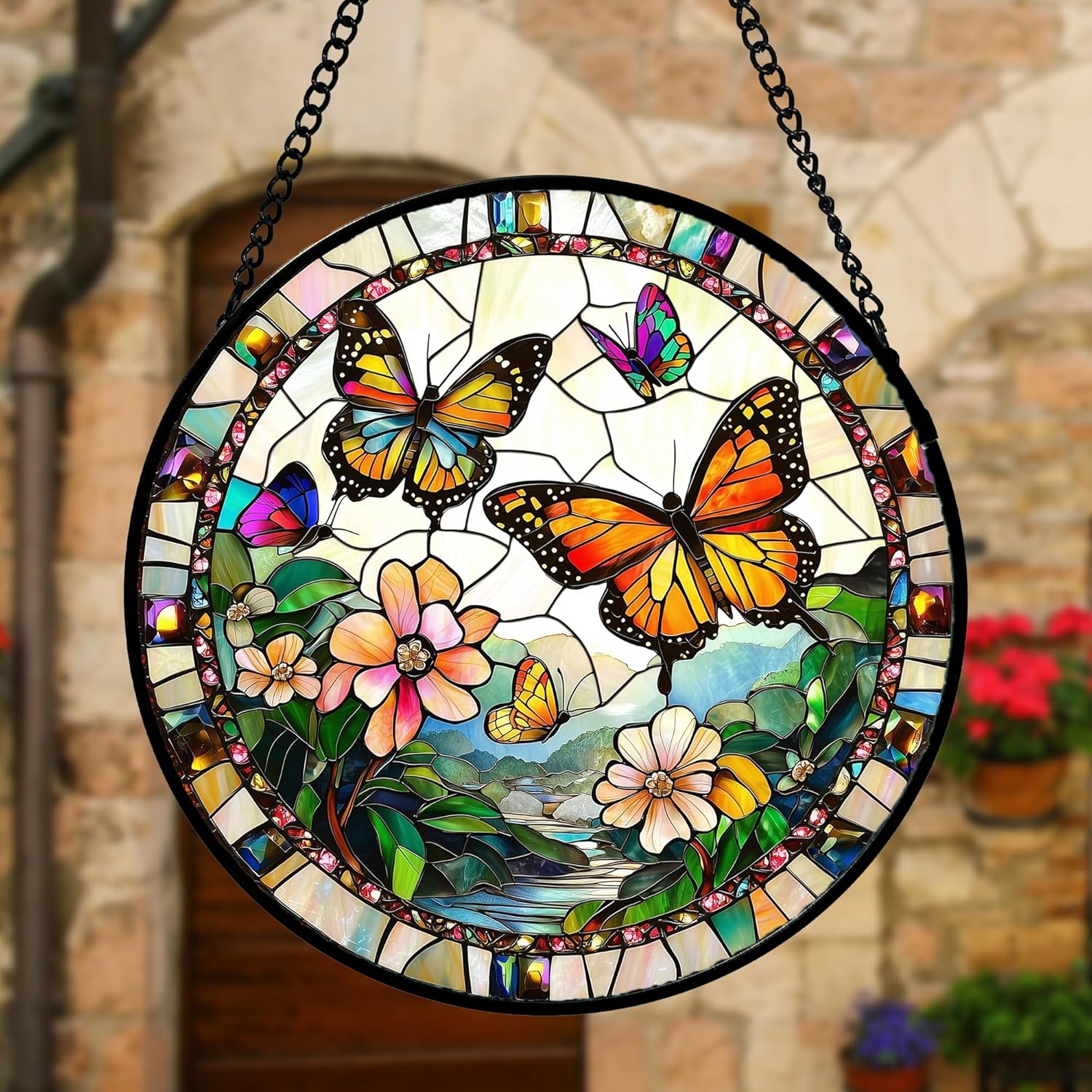 Stained Glass Window Hanging, Butterflies Flying in The Sky Suncatcher for Doors Home Sun Catchers Decoration and Christmas, Mother's Day Birthday Gifts for Women, Men, and Mom 11.8x11.8 in