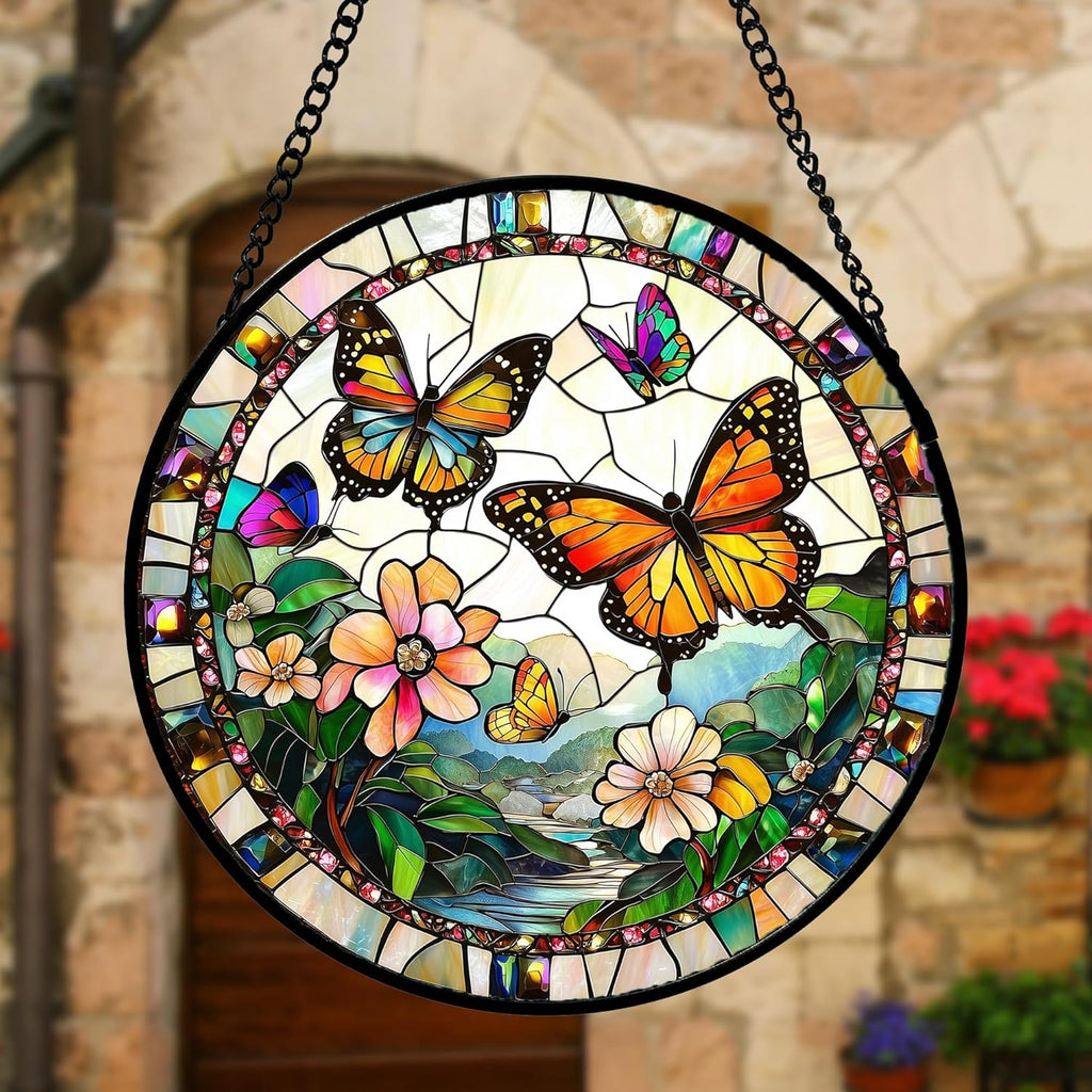 Stained Glass Window Hanging, Butterflies Flying in The Sky Suncatcher for Doors Home Sun Catchers Decoration and Christmas, Mother's Day Birthday Gifts for Women, Men, and Mom 7.8 in