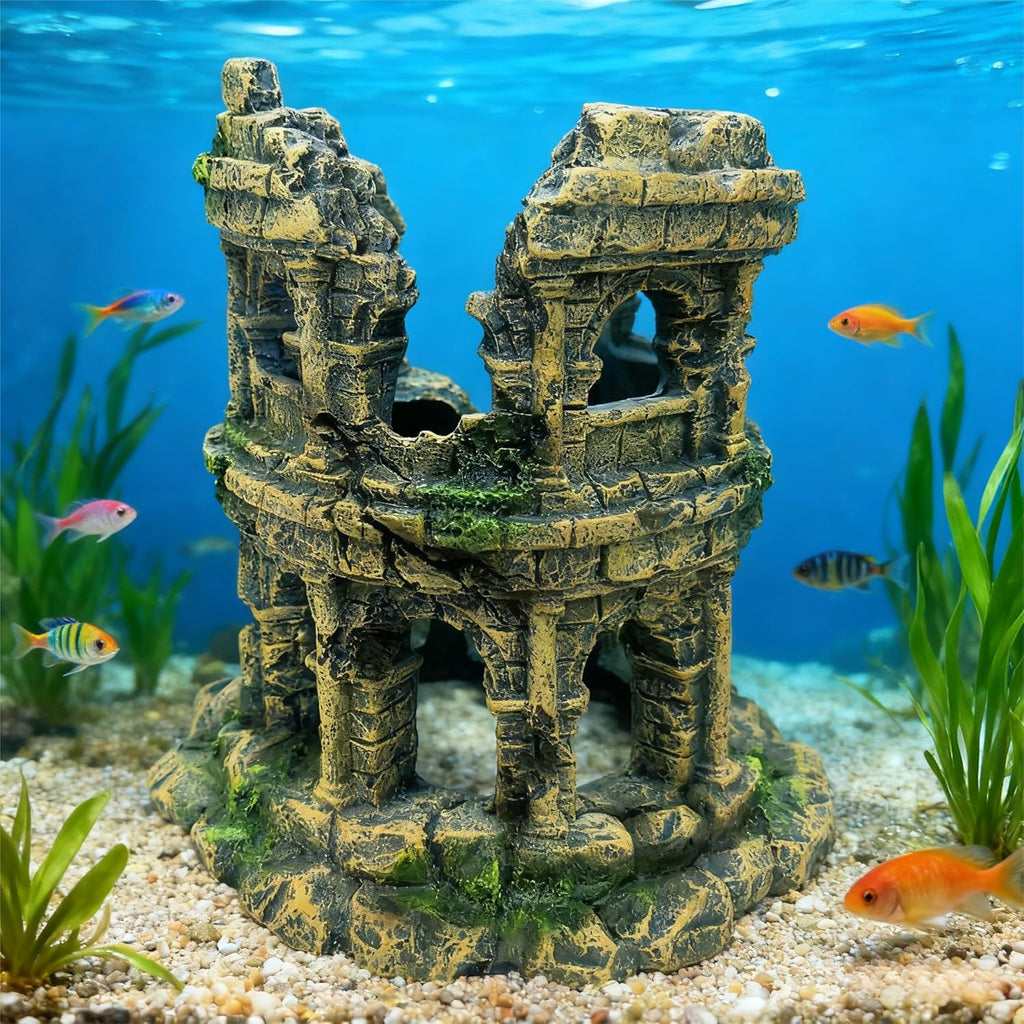 Round Roman Column Ruins Aquarium Decor, European Castle Fish Tank Hideout Rock, Antique Resin Ornament
