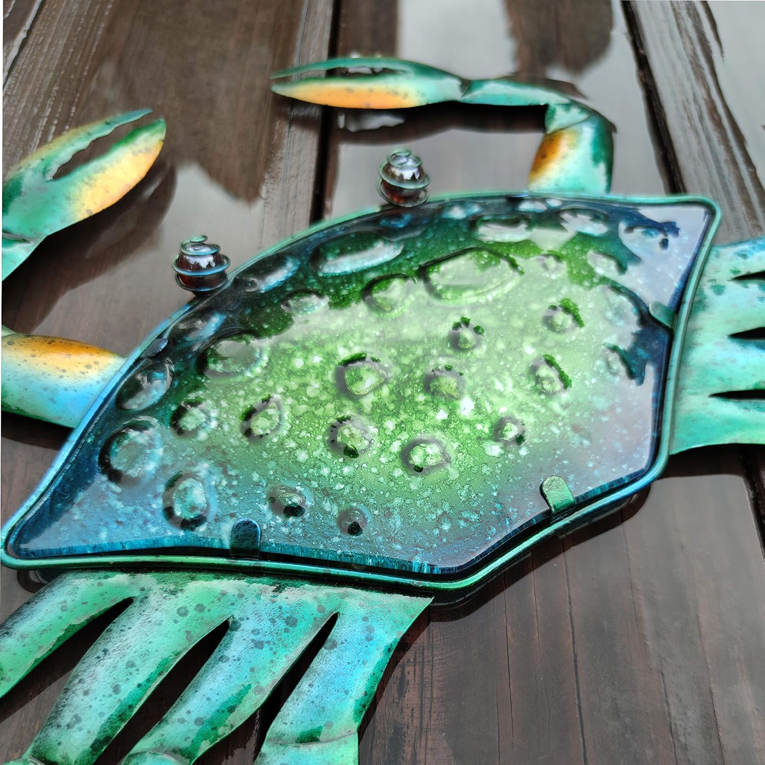 JOYBee 17.2Inch Large Metal Crab Wall Art Decor,Decoration for Outdoor Indoor,Nautical Hanging Art Blue Green Stained Glass with Metal for Garden Pool Patio Balcony Kitchen or Bathroom