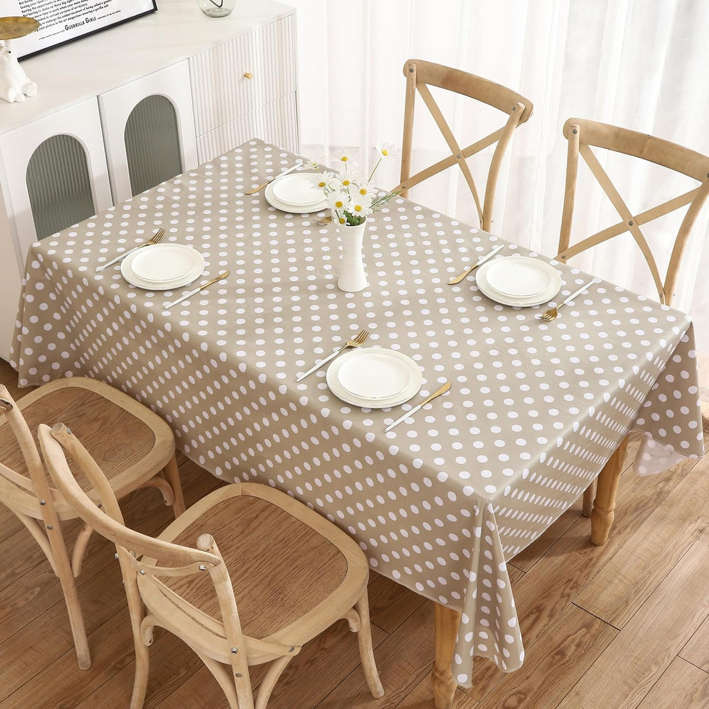 Heavy Duty Vinyl Tablecloth with Flannel Backing Waterproof Oil-Proof Plastic Table Cloth Stain-Resistant Wipeable Rectangle or Square Table Cover for Indoor and Outdoor (White Dots，60x102 Inch)