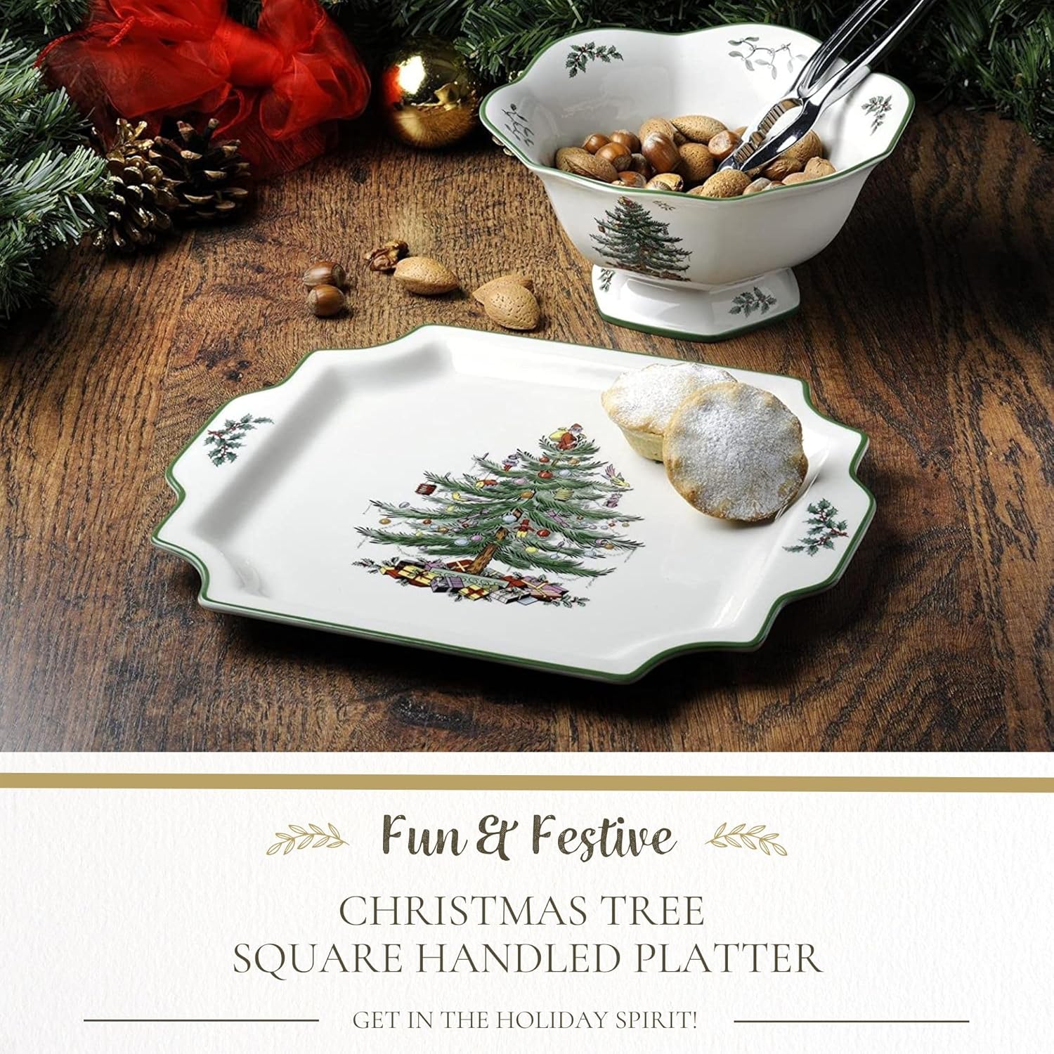 Spode Christmas Tree 12.5" Square Handled Serving Platter - Porcelain Serving Plate for Holiday Snacks, Appetizers, Buffet Displays - Microwave & Dishwasher Safe - Elegant Holiday Tableware