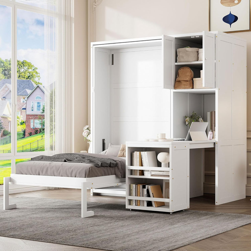 MERITLINE Twin Murphy Bed with Storage Bookcase Bookshelf, Extendable Desk and Cabinet, Wood Rotatable Hidden Murphy Bed with Desk and Shelves,for Adults (White)