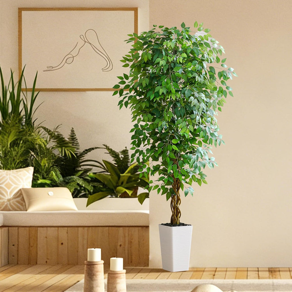 Artificial Ficus Tree 7FT Faux Floor Tree with Planter UV Resistant Potted Fake Silk Plant, Real Wood Trunk-Indoor Outdoor Lifelike Fake Ficus Tree for Home, Living Room Bedroom Topiary Tree