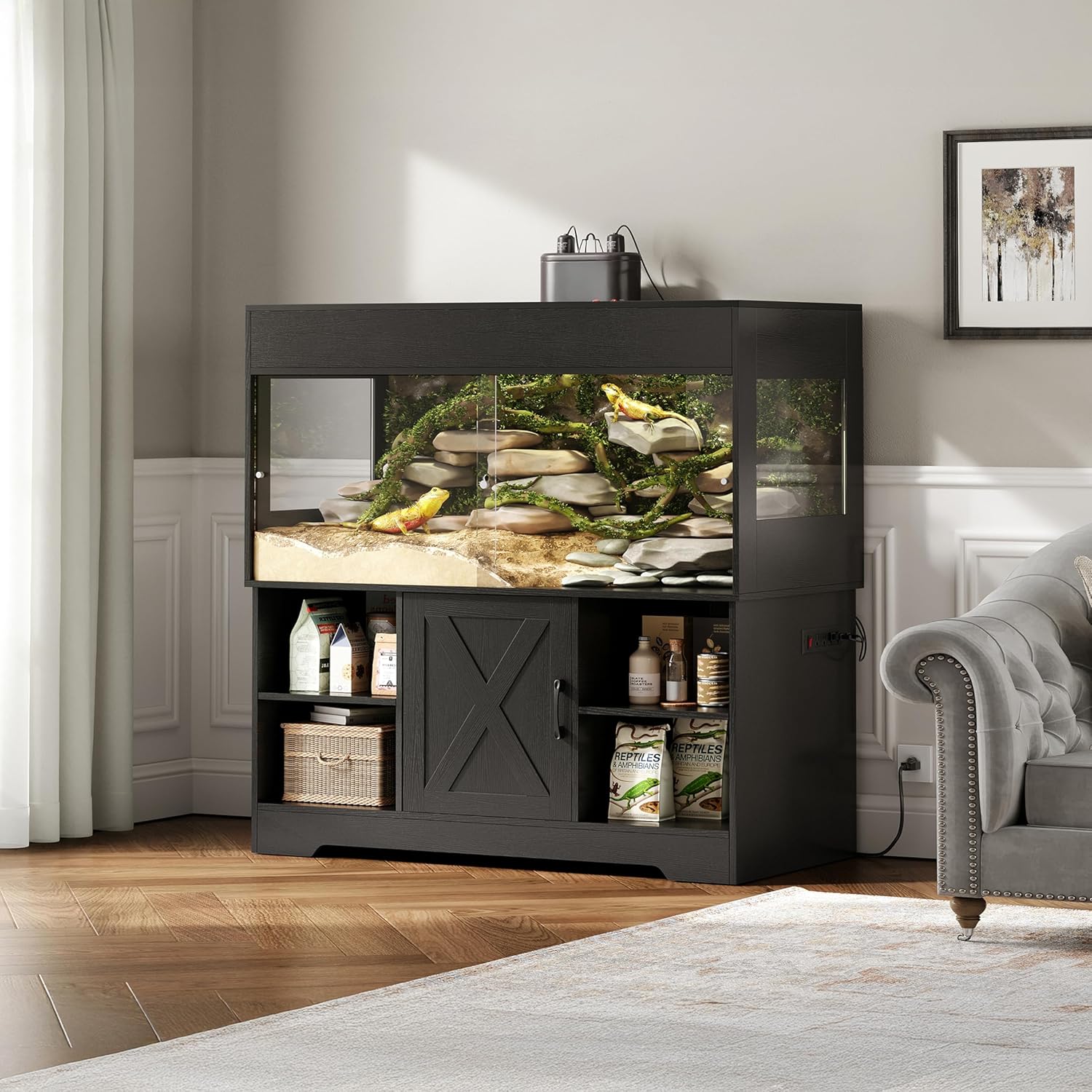 120 Gallon Reptile Tank with Stand, 4x2x2 Terrarium Enclosure for Bearded Dragons, Snakes, Lizards – Sliding Acrylic Doors, Mesh Top, Storage Cabinet, Built-in Power Outlet Black PX01RTB