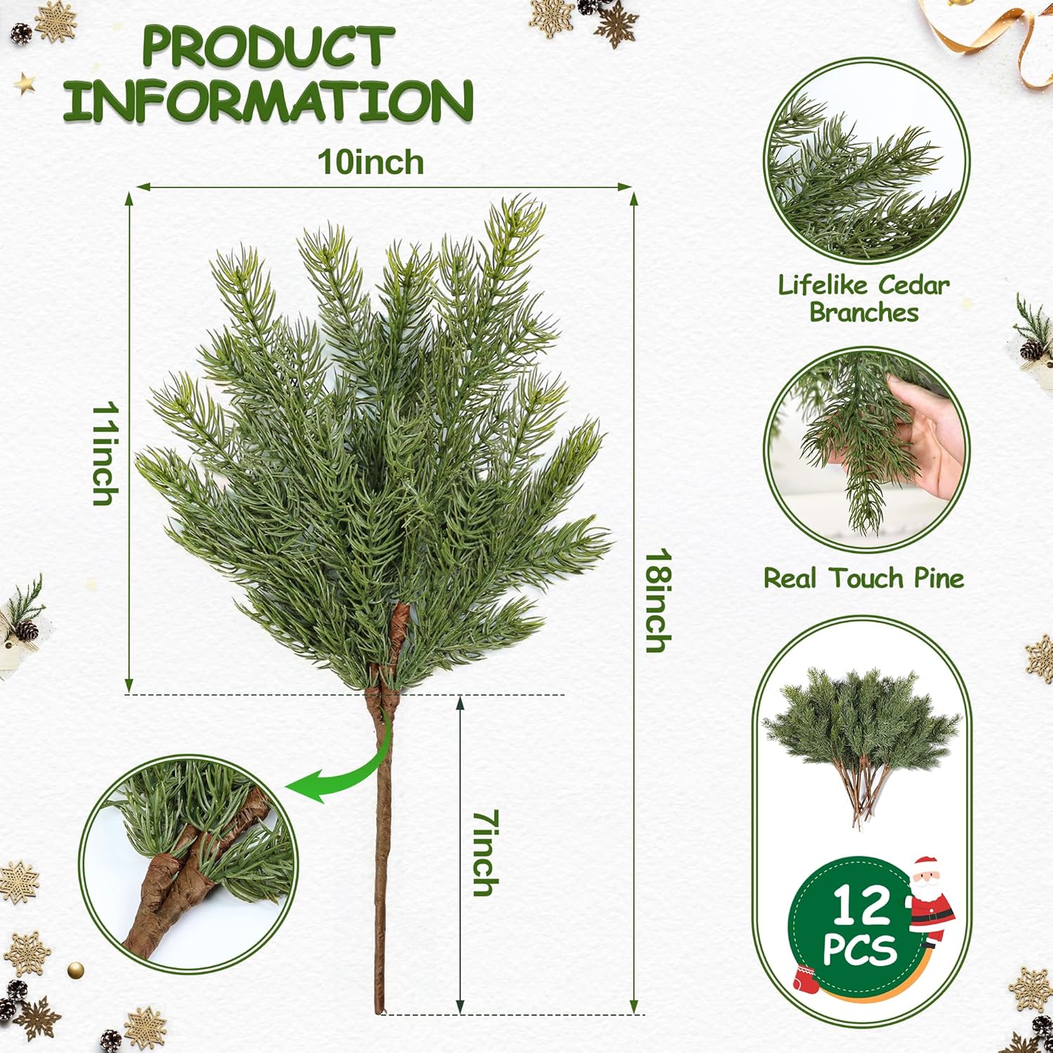 Artgar 12 Pcs Christmas Pine Branches – 18" Realistic Artificial Greenery Pine Stems - Real Touch Faux Cedar Picks for Vase, DIY Garland Wreath Home Indoor Outdoor Xmas Decorations