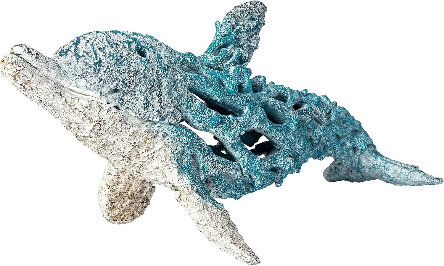 Coral Reef Dolphin Sculpture – 20" Turquoise Polystone Coastal Ocean Decor | Nautical Coral Look Dolphin Figurine for Beach House, Shelf, Mantel, or Tabletop Display