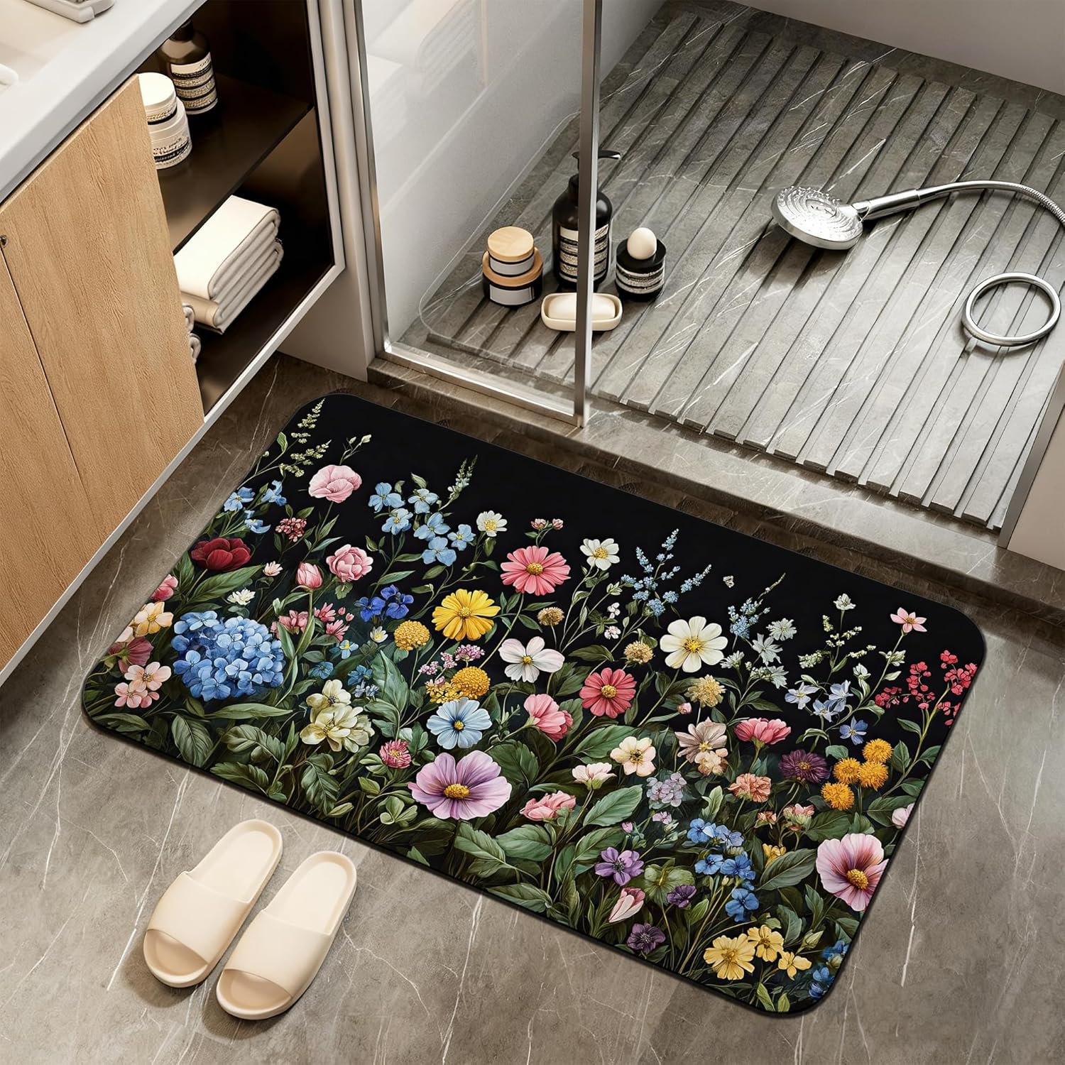 Bath Mat,Wildflowers Bathroom Rugs,Quick-Drying Non-Slip Rubber Bath Mats Botanical Absorbent Diatomaceous Earth Mat for Bathroom Home Decor 17"x29.5"