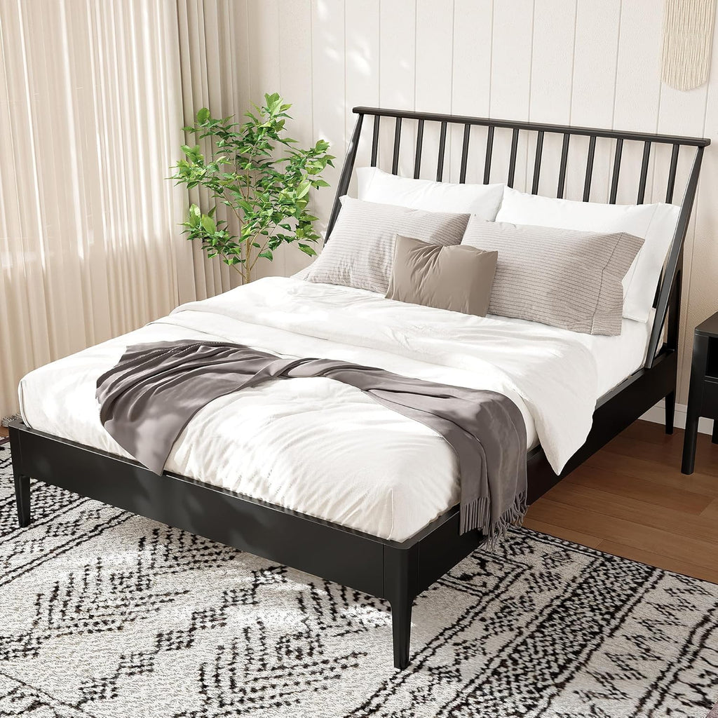 Merax King Size Bamboo Wood Bed Frame with 46.5" Tall Headboard, Bohemian Spindle Platform Bed with Wood Slat, Heavy Duty Steel Center Beam for Support, Under Bed Storage, No Box Spring Needed, Black