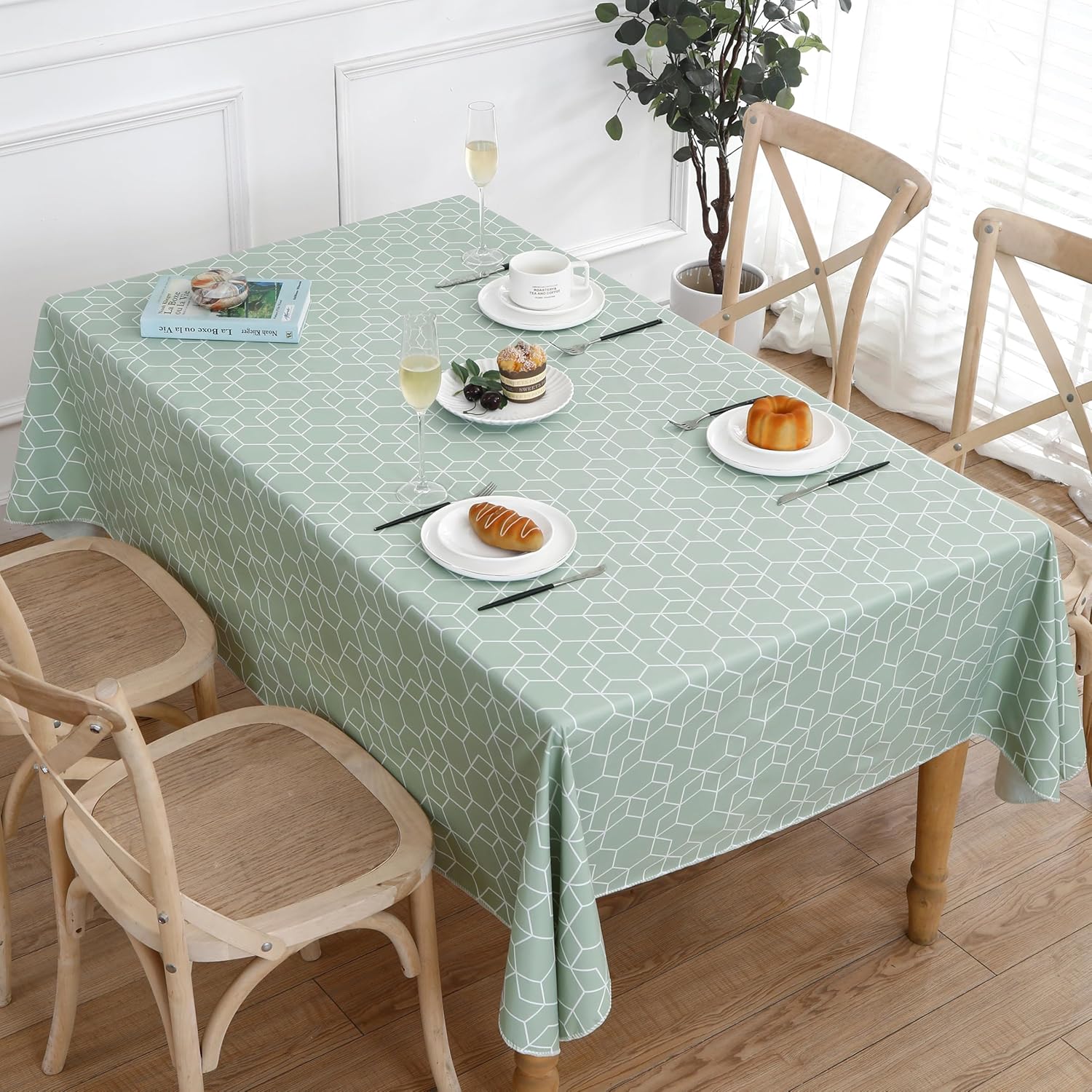 Heavy Duty Vinyl Tablecloth with Flannel Backing Waterproof Oil-Proof Plastic Table Cloth Stain-Resistant Wipeable Rectangle or Square Table Cover for Indoor and Outdoor (Green Grid,54x54 Inch)