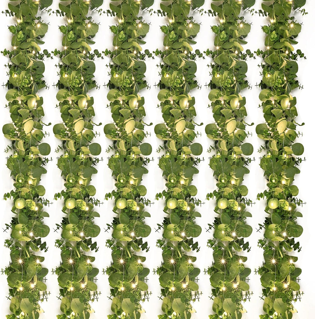 Dolicer 6 Packs 6FT Artificial Eucalyptus Garland with LED Light String, Faux Greenery Garland Hanging Fake Silver Dollar Eucalyptus Leaves Vines for Wedding Backdrop Arch Table Wall Party Home Decor