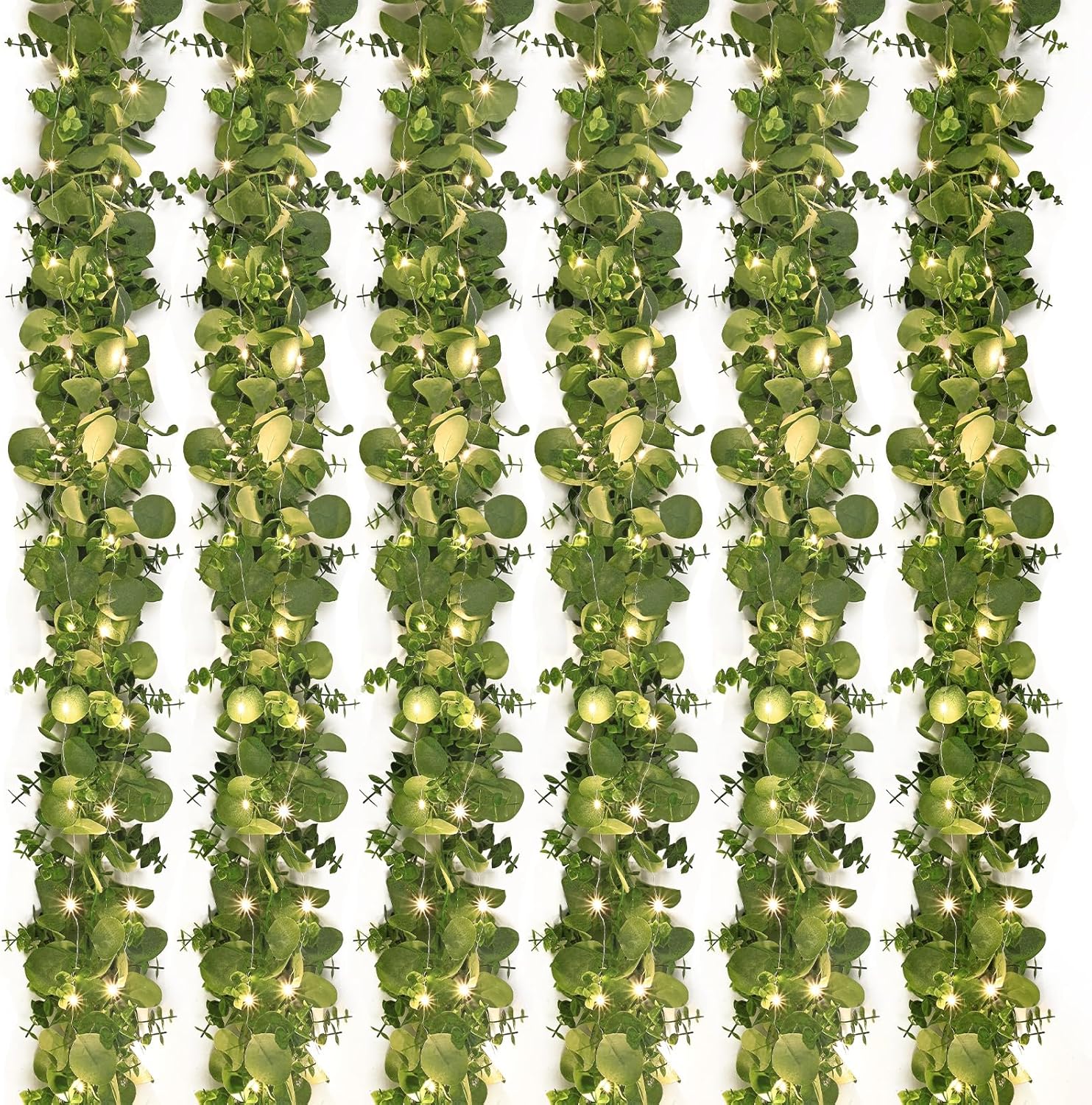 Dolicer 6 Packs 6FT Artificial Eucalyptus Garland with LED Light String, Faux Greenery Garland Hanging Fake Silver Dollar Eucalyptus Leaves Vines for Wedding Backdrop Arch Table Wall Party Home Decor