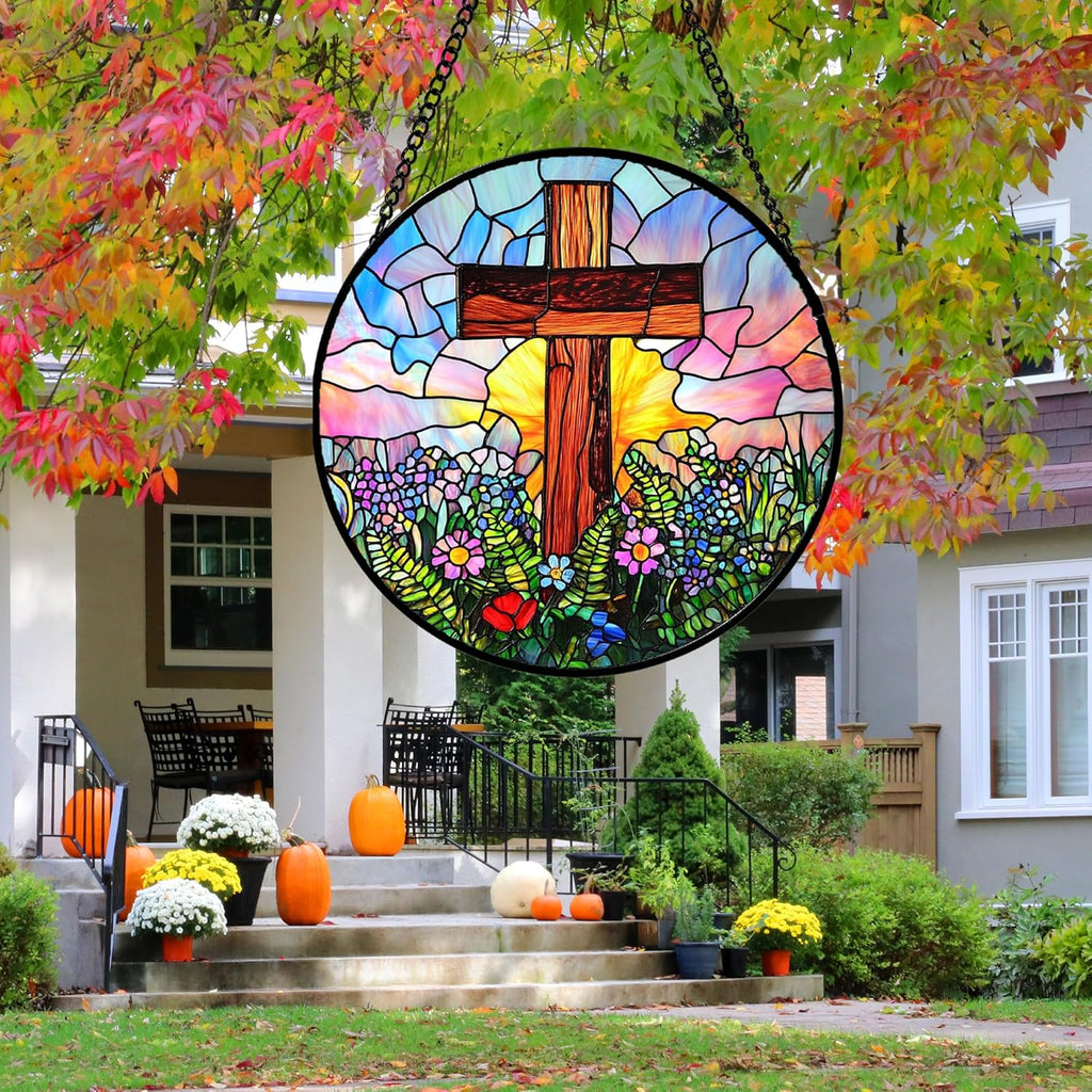 Christian Gifts for Women - Cross Stained Glass Window Hanging Jesus Easter Colorful Wildflowers Sun Catcher Garden Religion Decor Mother's Day Catholic Gift for Men Grandma Mom Her 9.8"