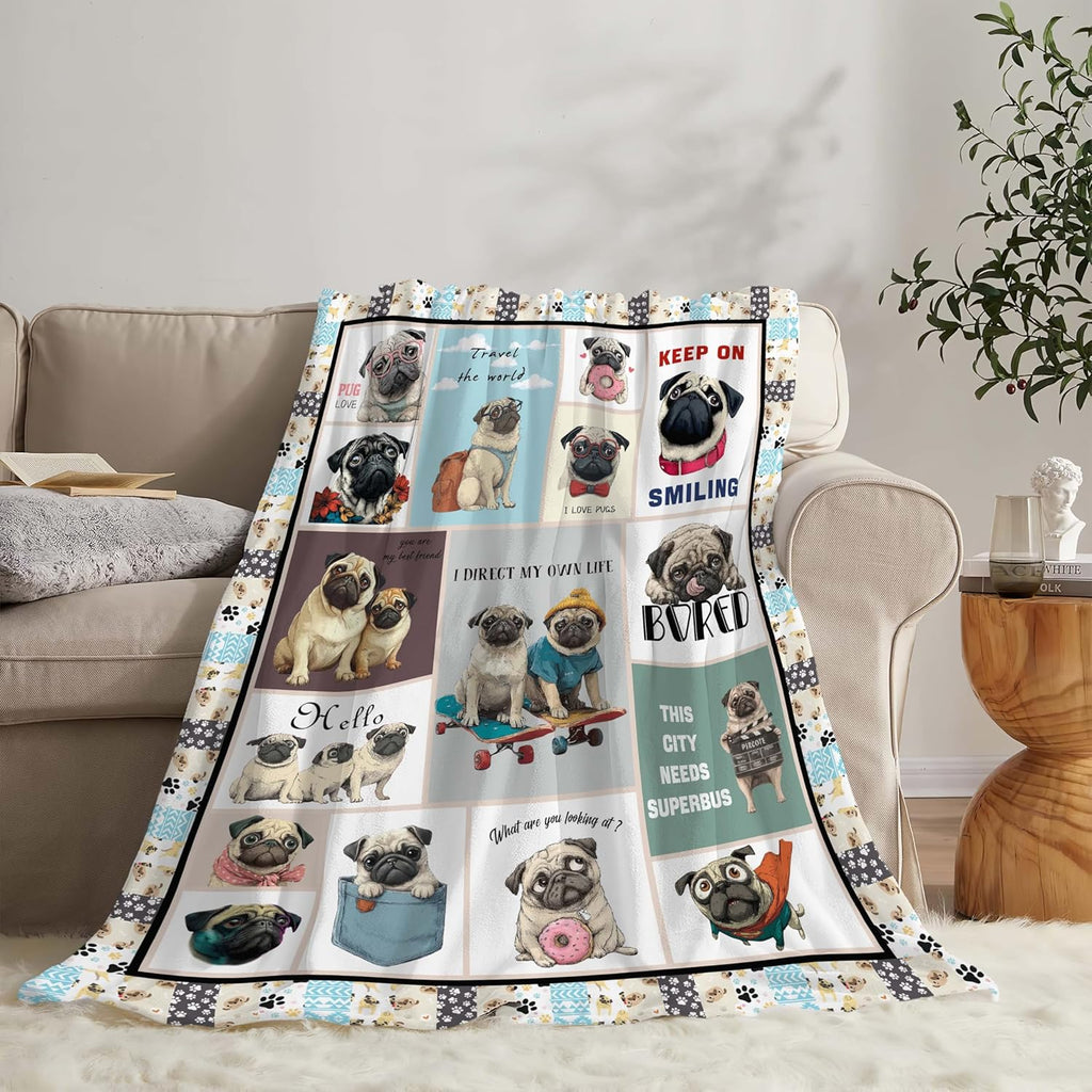 Pug Throw Blanket Pug Puppy Stuff Gifts for Dog Lover Kids Girls Boys Adults Women Men Soft Cozy Warm Plush Fluffy Fuzzy Fleece Blanket Decor 60''X80''