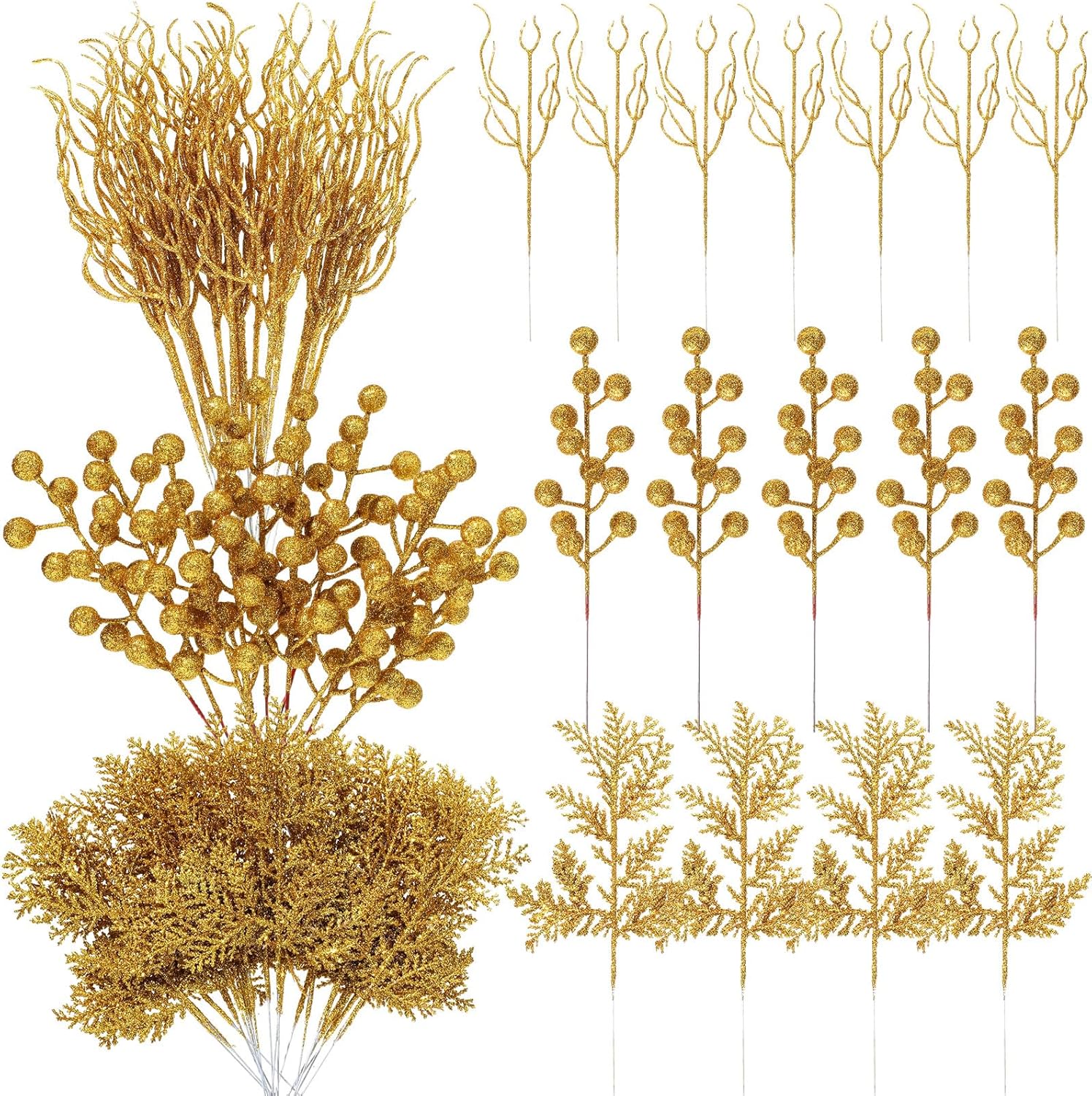 75 Pcs Christmas Glitter Branches 3 Styles Artificial Christmas Picks Berries Stems Pine Needles Floral Twig Spray for Xmas Tree Ornaments DIY Wreath Garland(Gold)