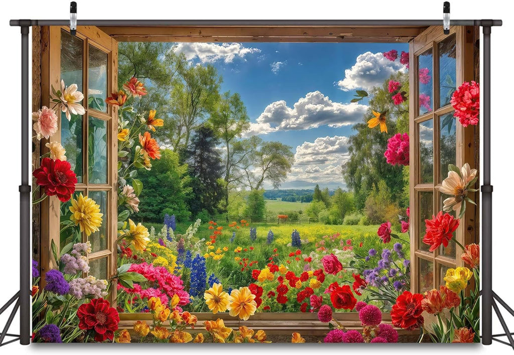 7 x 5 ft Spring Garden Window Floral Backdrop for Photography Floral Nature Summer Landscape Photo Background Blooming Flowers for Portrait Photoshoot Wedding Baby Shower Birthday Party Studio Decor