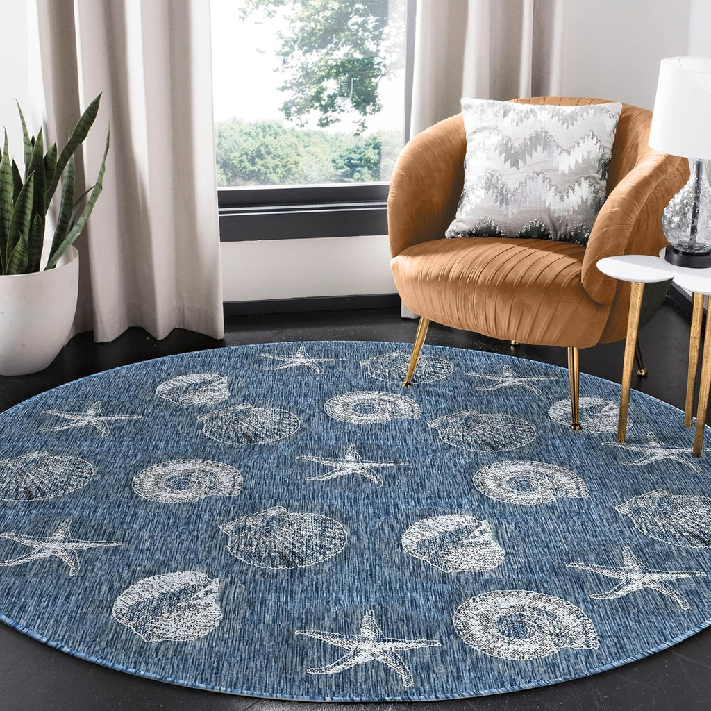 Liora Manne CARMEL Indoor/Outdoor Power Loomed Synthetic Blend Low Profile Area Rug - Transitional Coastal Seashell Decorative (Shells Navy) (7'10" Round)
