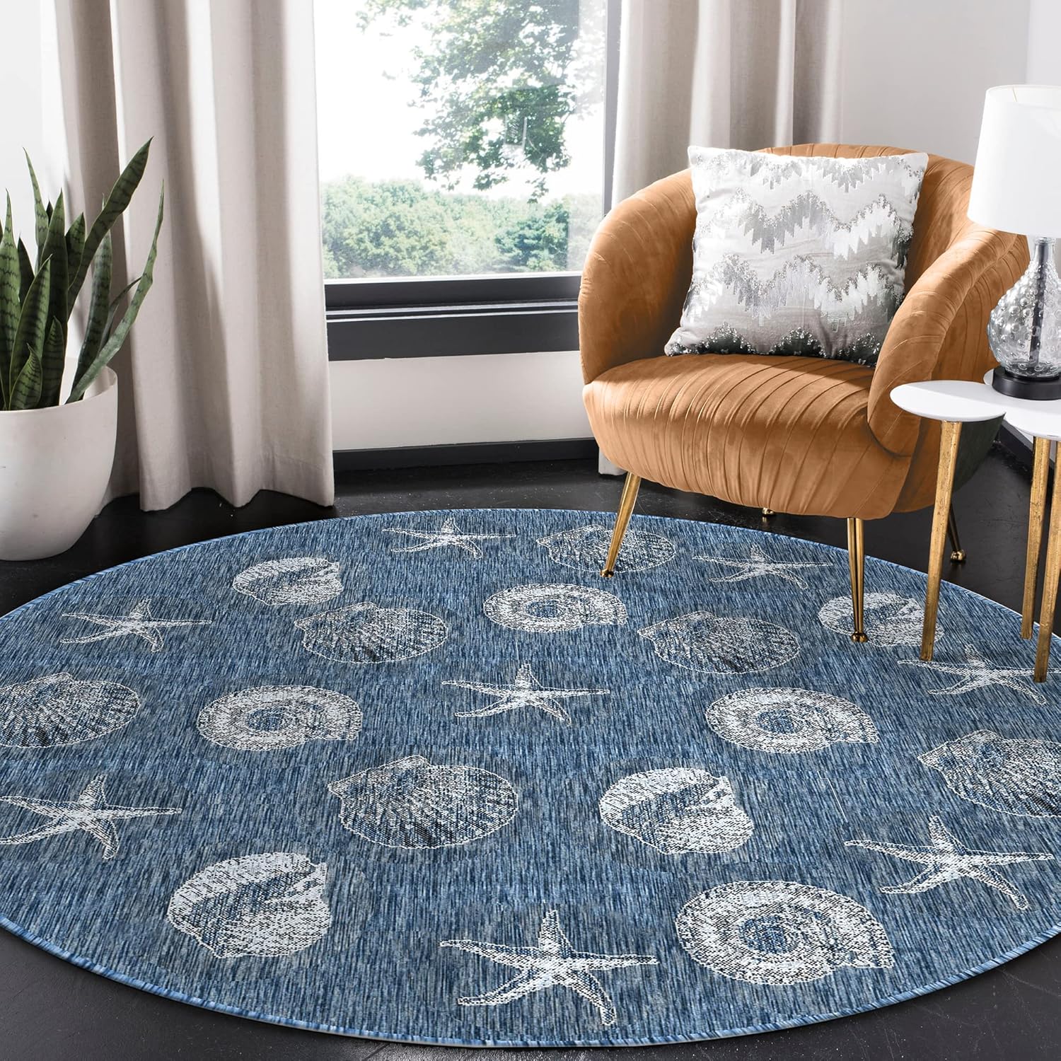 Liora Manne CARMEL Indoor/Outdoor Power Loomed Synthetic Blend Low Profile Area Rug - Transitional Coastal Seashell Decorative (Shells Navy) (7'10" Round)