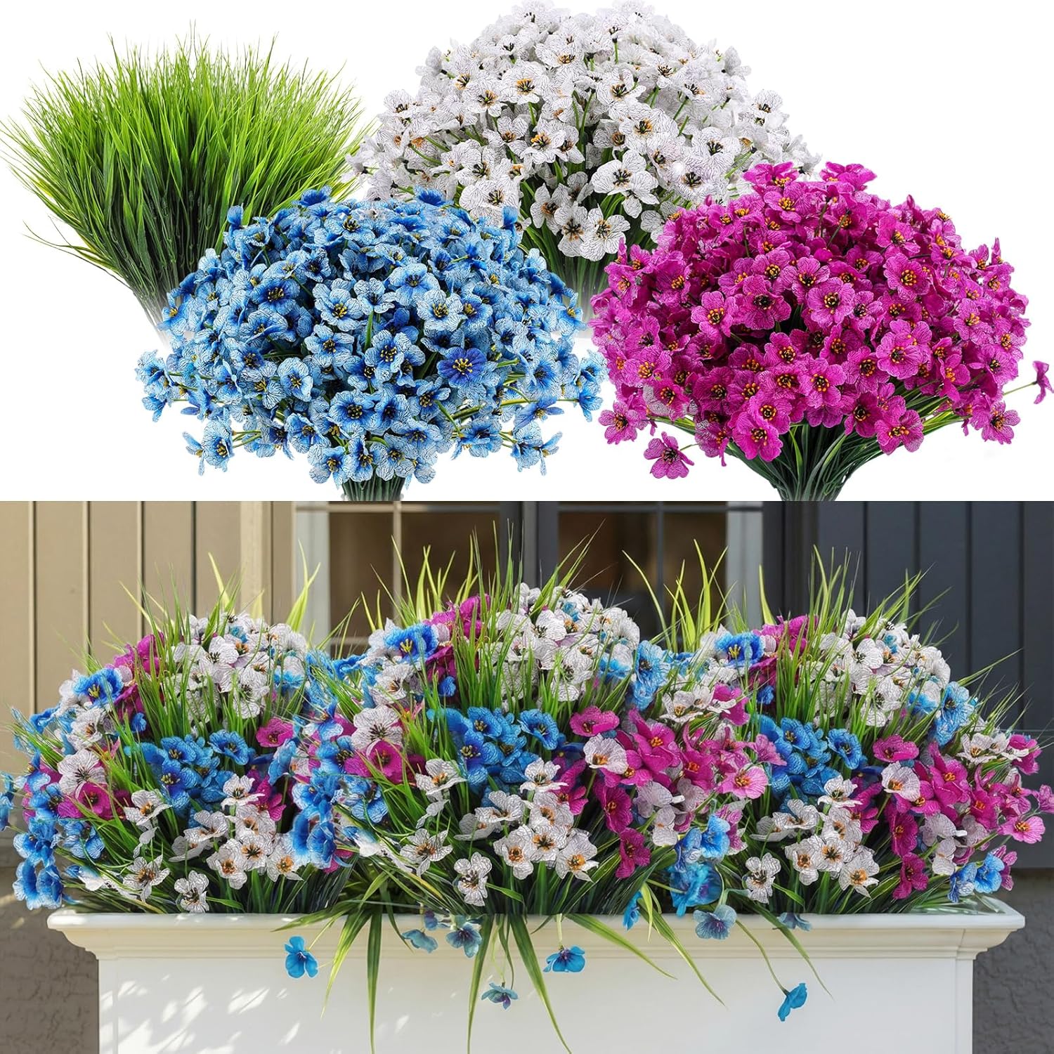 Lyrow 100 Bundles Violet Artificial Flowers, UV Resistant Faux Silk Flowers Outdoor, Fake Violet Bulk for Front Porch Hanging Garden Courtyard Farmhouse Home (Dark Purple, Dark Blue, White with Grass)