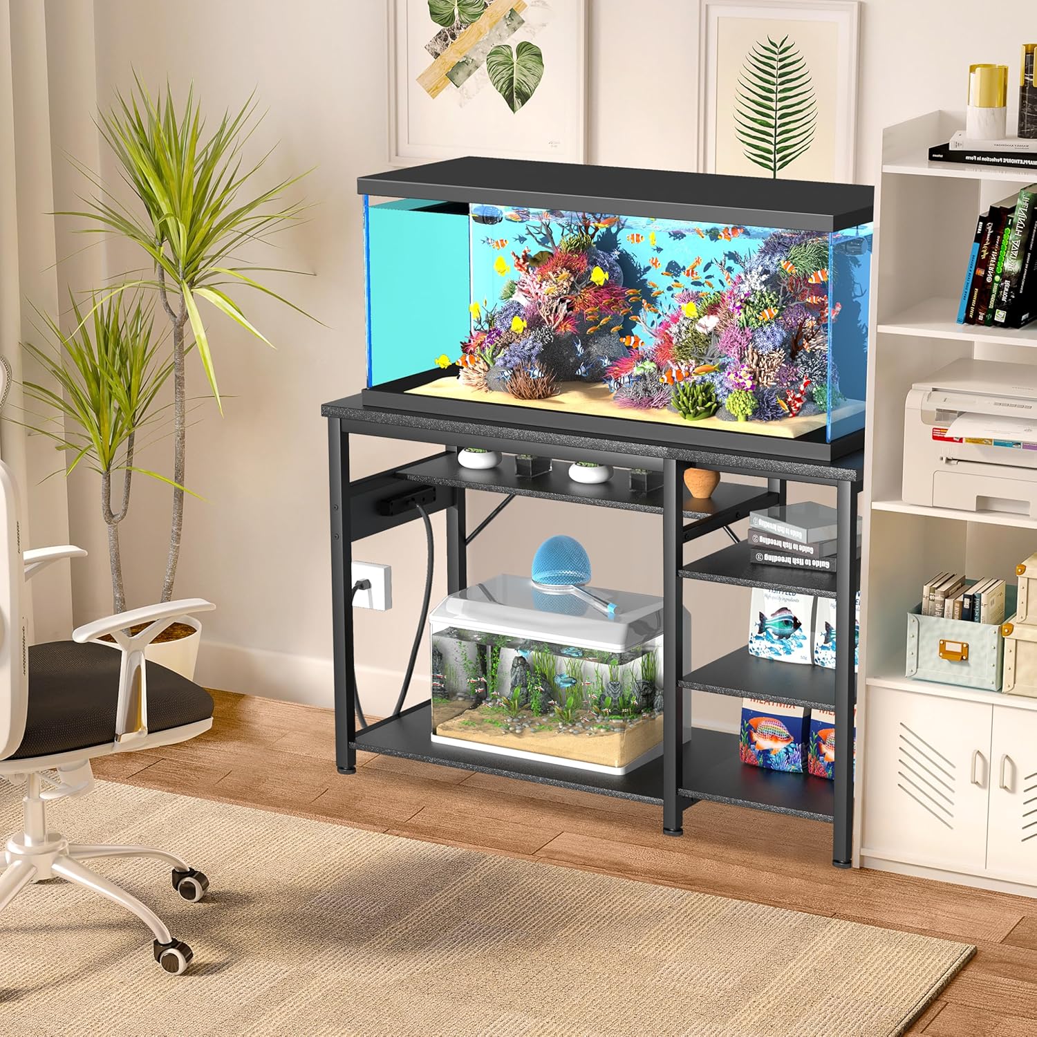 GRLEAF 20-40 Gallon Aquarium Stand: 1000LB Capacity, Built-In Power Outlets, 3-Tier Shelves for Fish Tank Accessories Storage, Heavy-Duty Steel/Wood Hybrid for Fish & Reptile Tanks | Excludes Tank