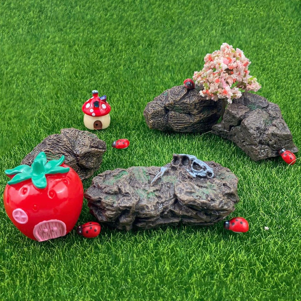 7Pcs Artificial Tree Stumps and Miniature Fake Stone Rocks for Micro Landscape Decor Resin Moss Terrariums Bonsai Decor