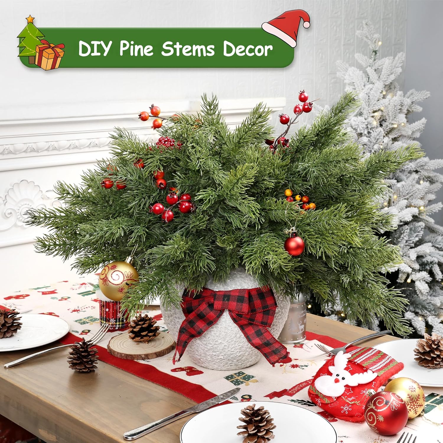 Artgar 12 Pcs Christmas Pine Branches – 18" Realistic Artificial Greenery Pine Stems - Real Touch Faux Cedar Picks for Vase, DIY Garland Wreath Home Indoor Outdoor Xmas Decorations