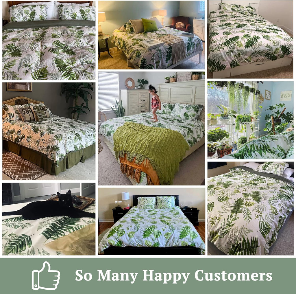 MILDLY 100% Long-Staple Cotton Duvet Cover Set King Size Green Palm Leaf Printed Luxury Comforter Cover Set Reversible Tropical Ultra Soft