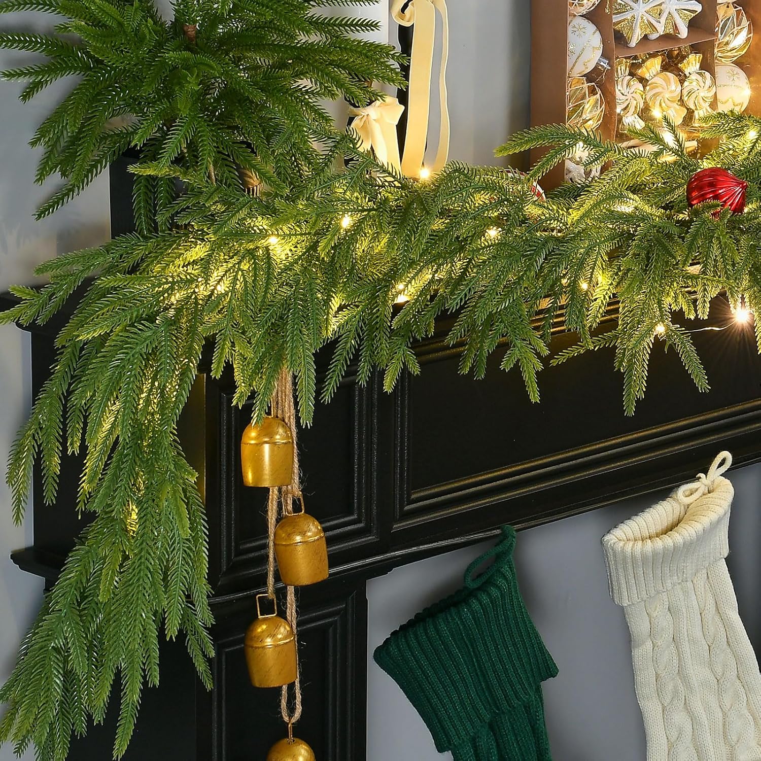 6FT 1Pack Real Touch Christmas Norfolk Pine Garland, Artificial Christmas Garland with Lights, Faux Greenery Garland for Fireplace Mantle Table Wall Stair Indoor Outdoor Holiday Xmas Decor