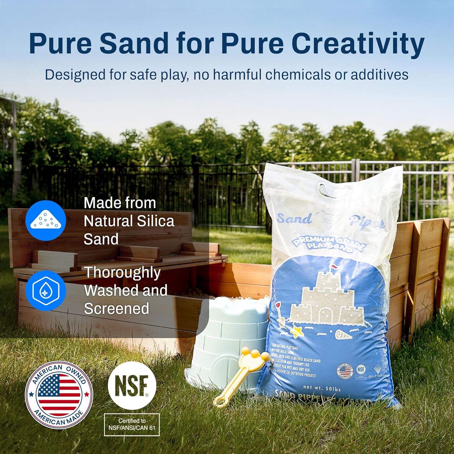 Sandpiper Multiuse Play Sand for Kids - 50 Lbs Indoor Outdoor Silica Sand for Sandbox, Craft Table, Sensory Bin Filler, & Building Beach Castles