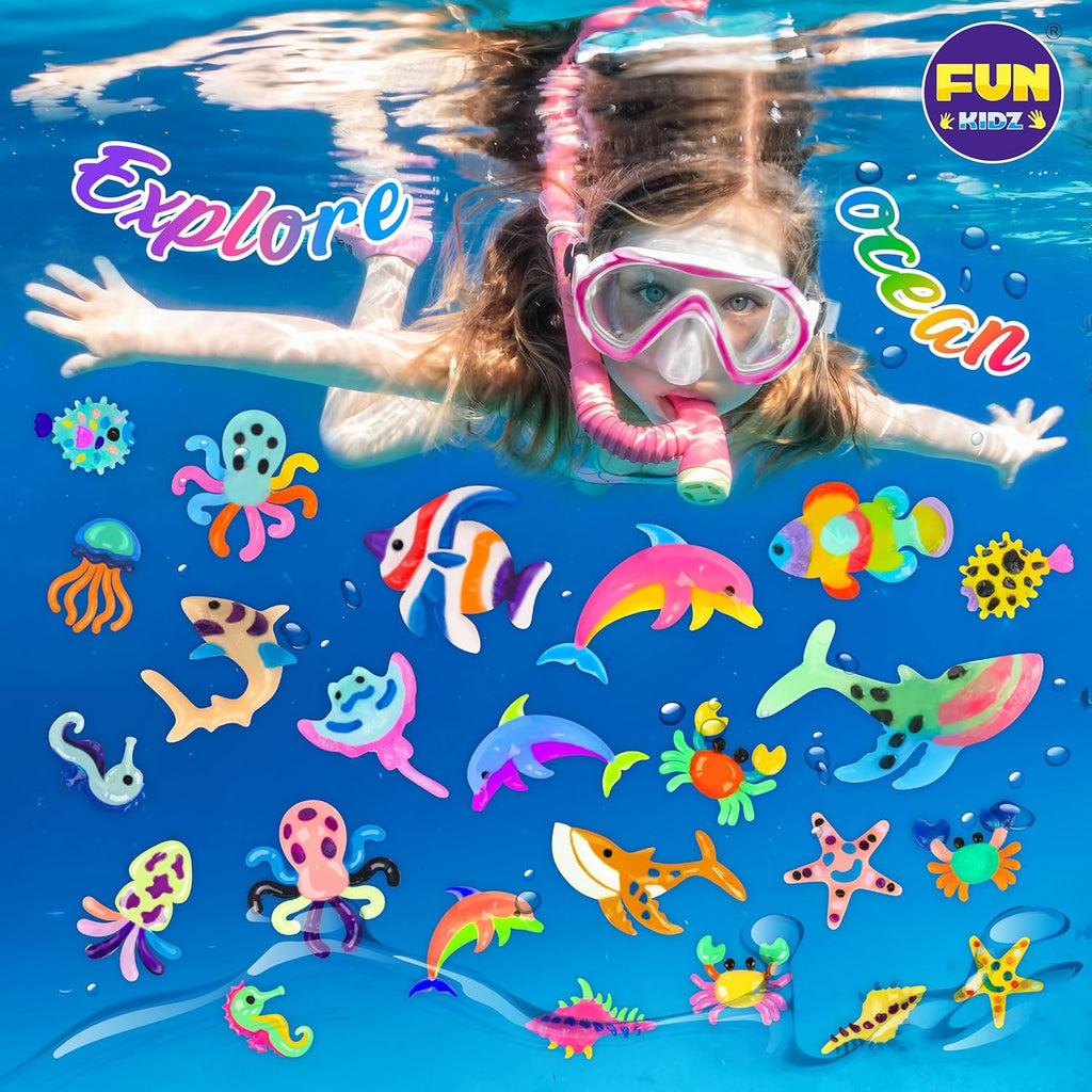 Ocean Magic Water Elves Toys Kit, FunKidz Aqua Squishy Craft Kit for Kids 25 Bright Ocean Colors Gel 16 Ocan Creature Molds Great Birthday Gift for Boys Girls Summer Activities