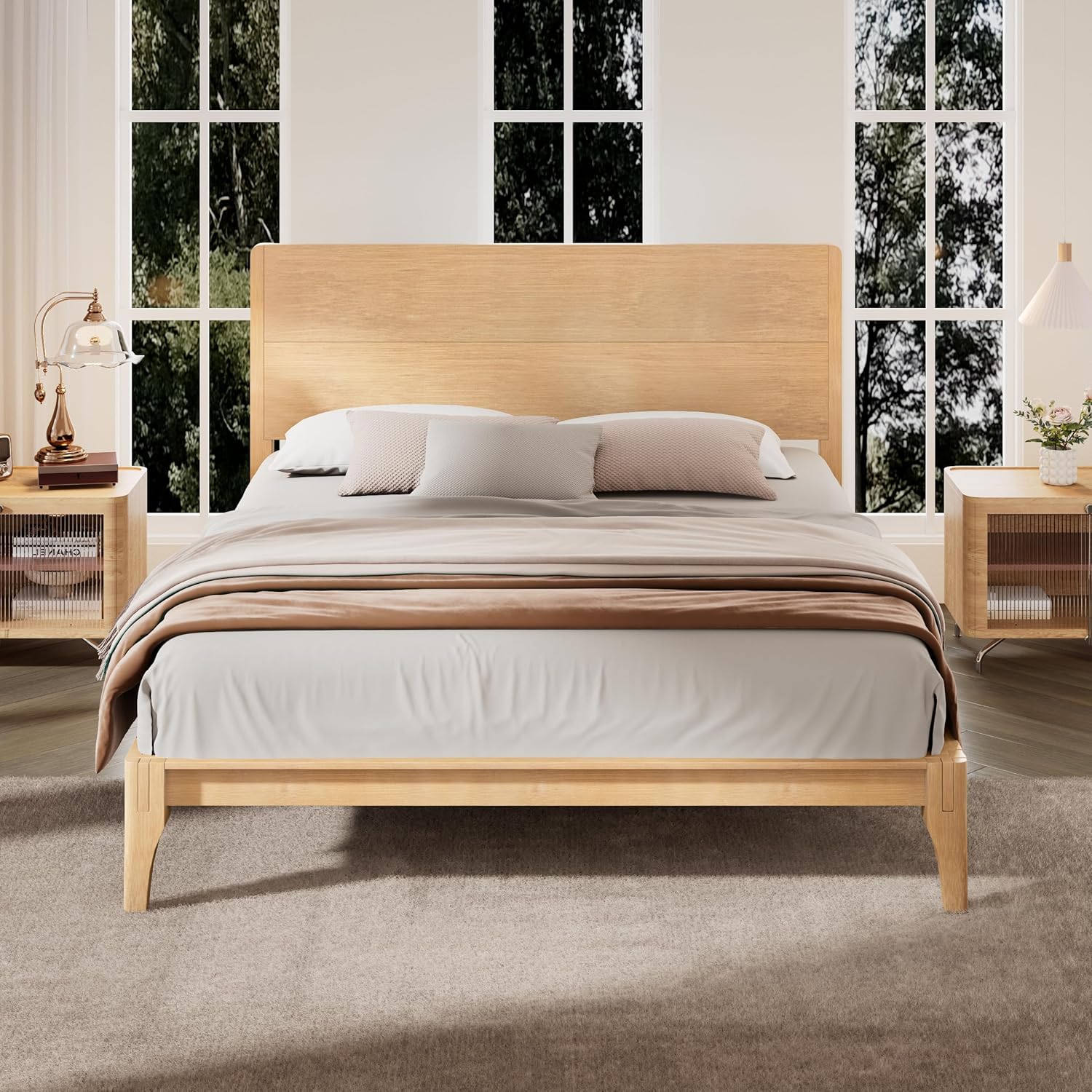 Merax Mid Century Full Bed Frame with Headboard, Bamboo Wood Full Size Platform Bed Frame with Wood Slat, Heavy Duty Steel Center Beam for Support, Under Bed Storage, No Box Spring Needed, Natural