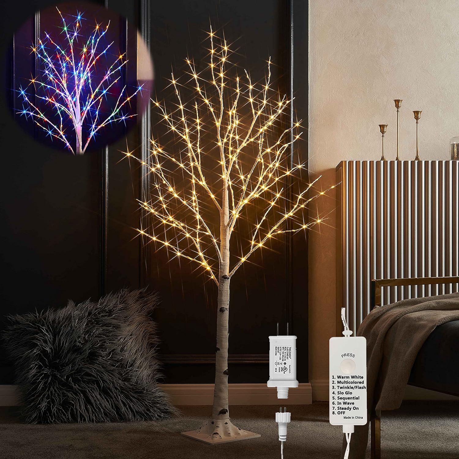 LITBLOOM Lighted Twig Birch Tree Plug in with 8 Functions 4FT 200 Warm White and Multi Color LED Lights for Indoor Outdoor Home Bedroom Christmas Easter Decoration