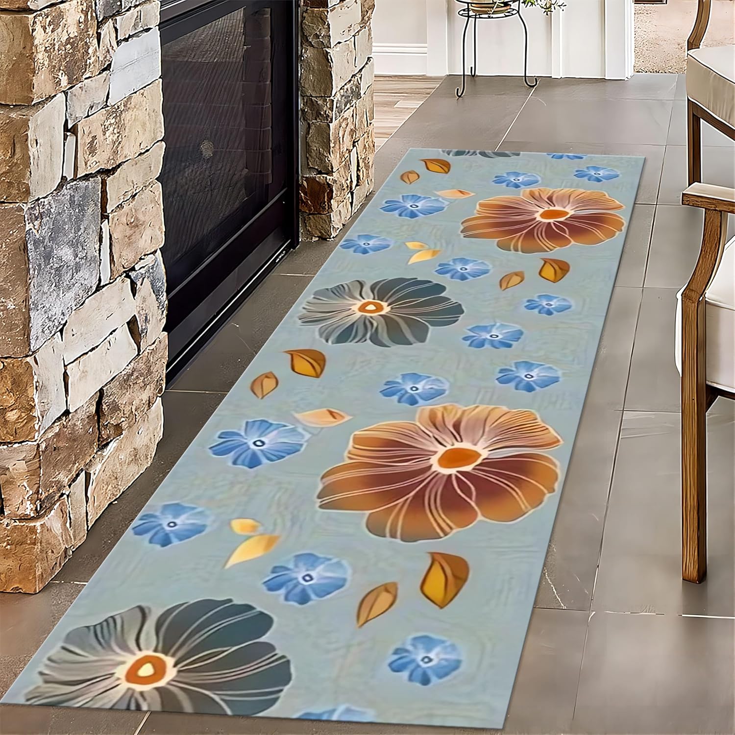 Watercolor Art Flower Entrance Rug, 4x10ft, Simple Beautiful Petal Living Room Carpets, Breathable Soft Reduce Noise Kitchen Rug, Printed Fade Resistant Durable Rugs for Indoor Entry