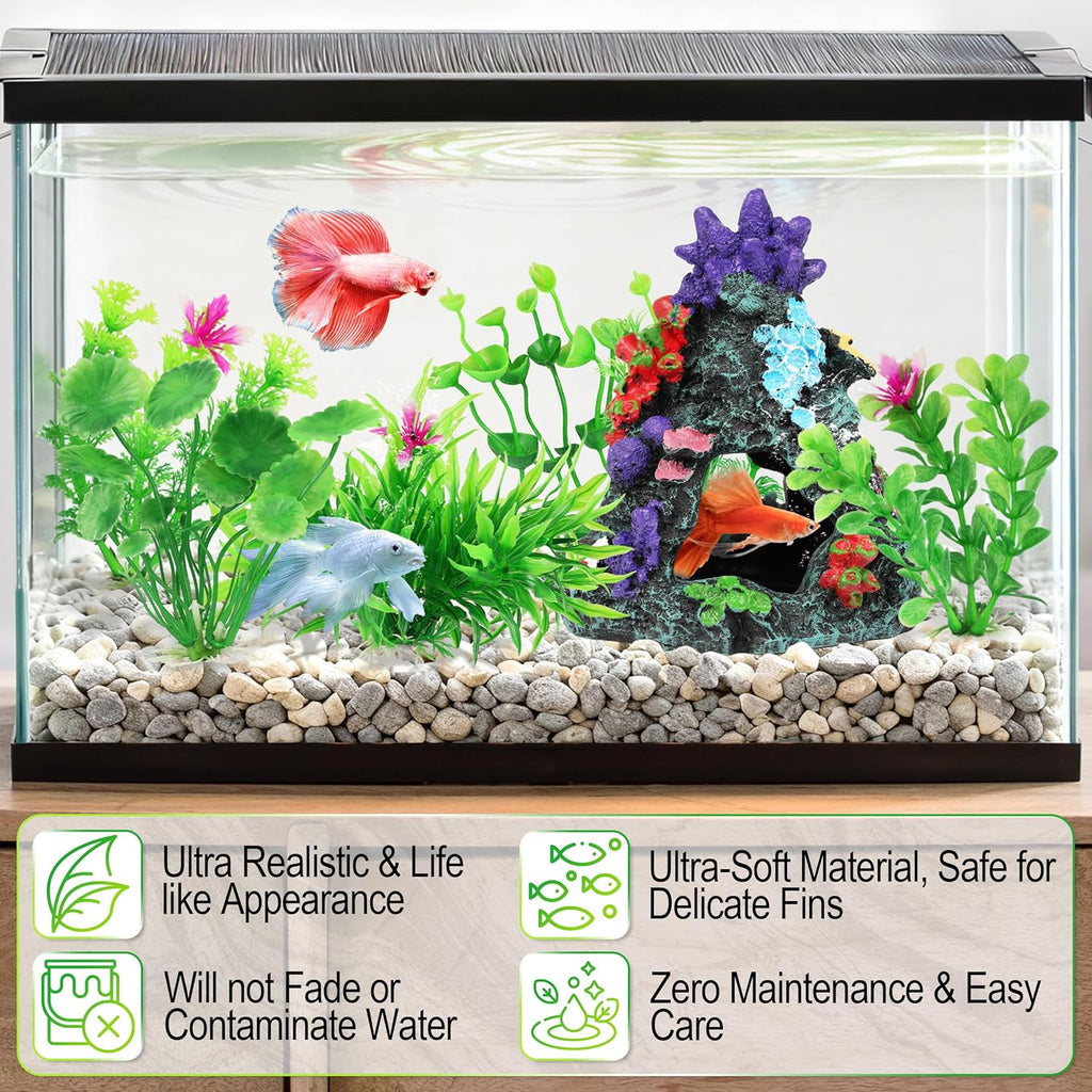 MyLifeUNIT Fish Tank Decorations, 7 Pieces Aquarium Plants Set with Coral Reef Decoration Mountain Cave Ornament for Betta, Goldfish, Shrimp to Breed, Play and Rest (Green)