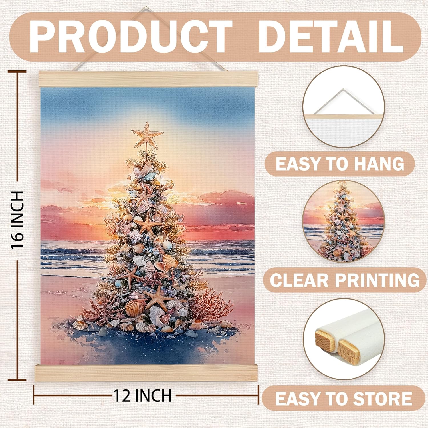 FDHSPAAM Beach Christmas Tree Wall Art Decor, Coastal Christmas Decor, Tropical Sunset Ocean Starfish Seashell Holiday Wall Art Posters for Beach House Home Bedroom Living Room, 12x16 Inch
