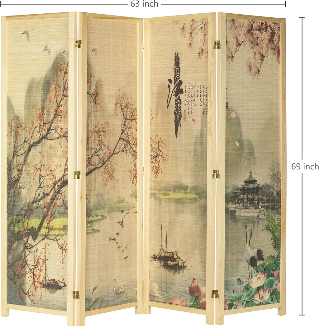 MyGift 4-Panel Folding Bamboo Room Divider Asian-Inspired Cherry Blossom Scene, 6 FT Freestanding Floral Artwork Room Partitioner with Beige Wood Frame