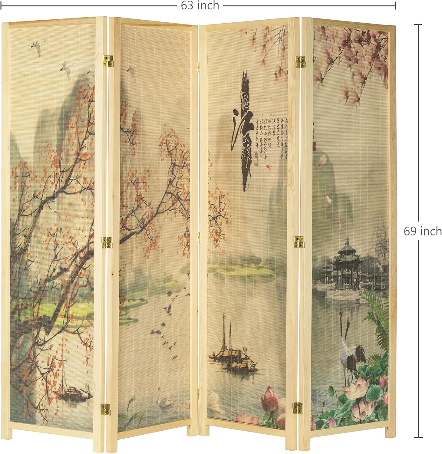 MyGift 4-Panel Folding Bamboo Room Divider Asian-Inspired Cherry Blossom Scene, 6 FT Freestanding Floral Artwork Room Partitioner with Beige Wood Frame